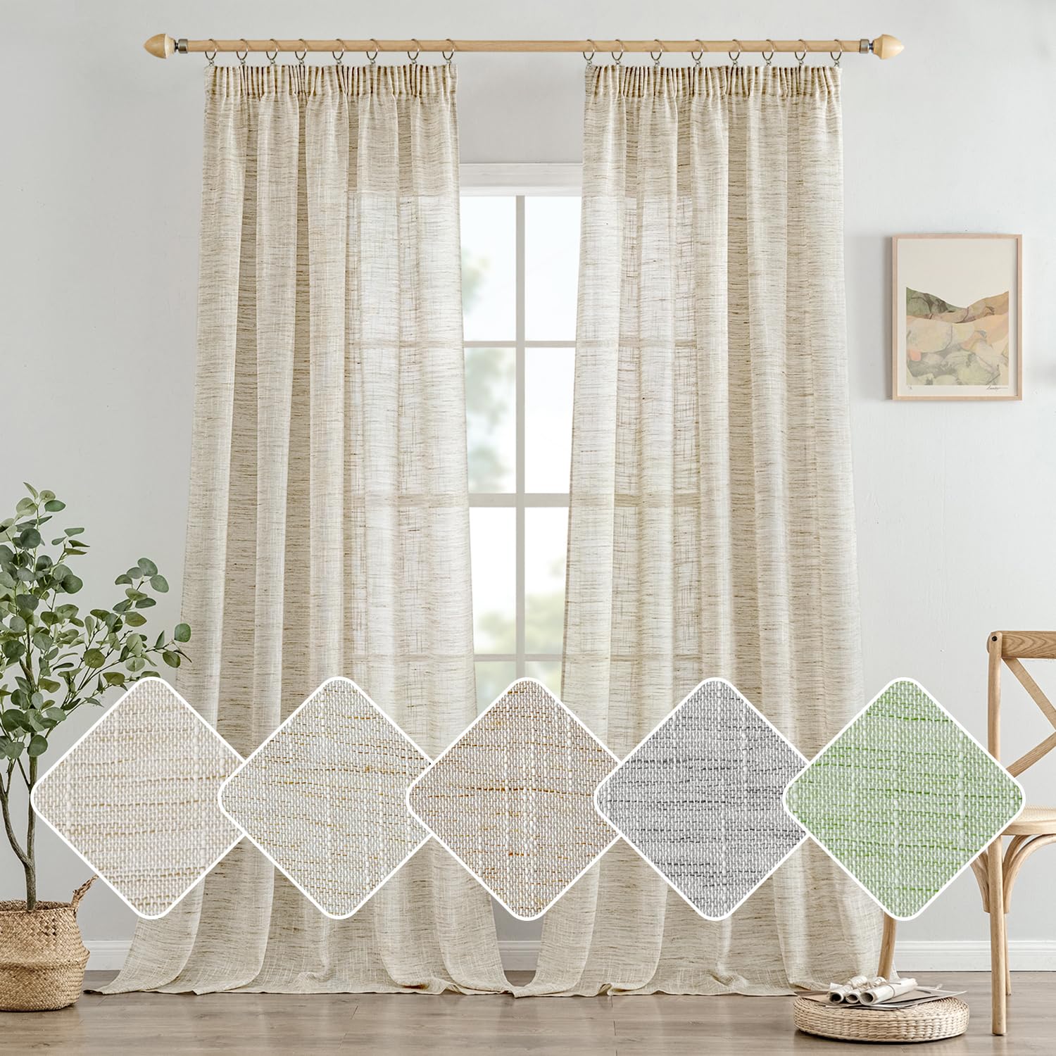 Woaboy Cortinas de Lino Dormitorio Visillo Semitransparente para Ventana Modernas con Ganchos de Riel para Salón Habitación 2 Piezas 140x200cm Natural