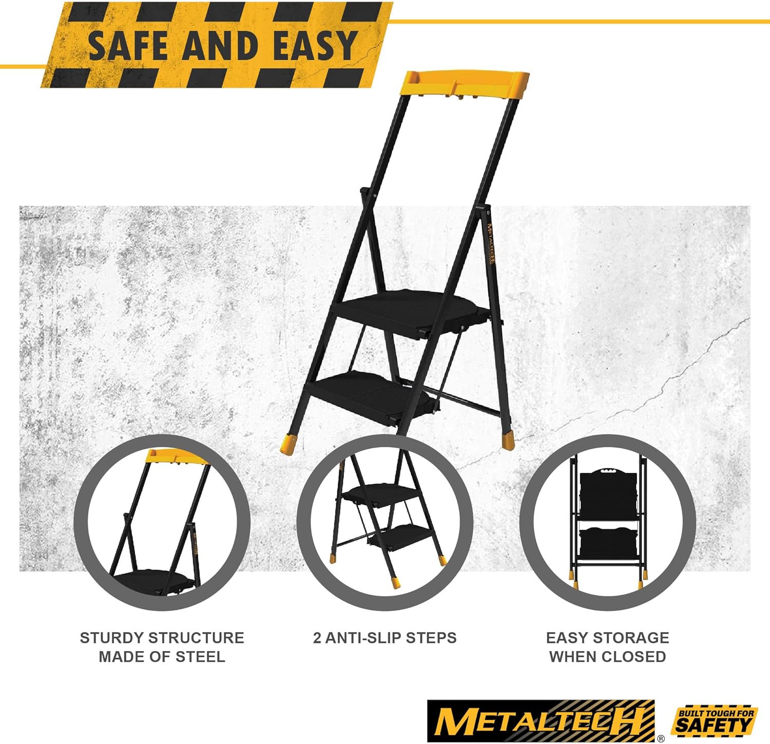 Metaltech E-SLC2YW 2-Step Pro Steel Step Stool Type I with Utility Tray, Compact Folding Step Stool for Home Improvement, 250-lb Capacity Collapsible Stool with Safety Rail and Utility Tray