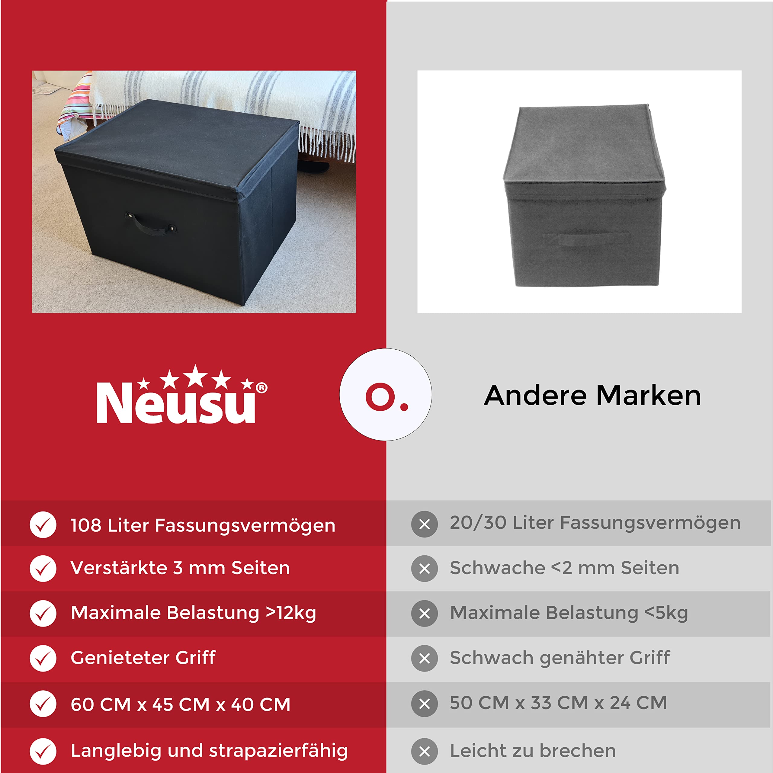 Neusu Aufbewahrungsbox mit Deckel - Schwarz, Stoff Bezogen - Stabile große 60x45x40 cm Klappbox - 100 Liter Super-Jumbo XXL Kiste/Ordnungsbox (100L)