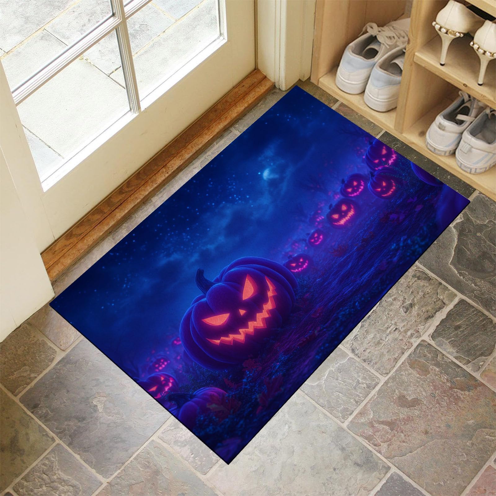 Tapis de porte avant intérieur bleu foncé à motif Halloween lavable en machine