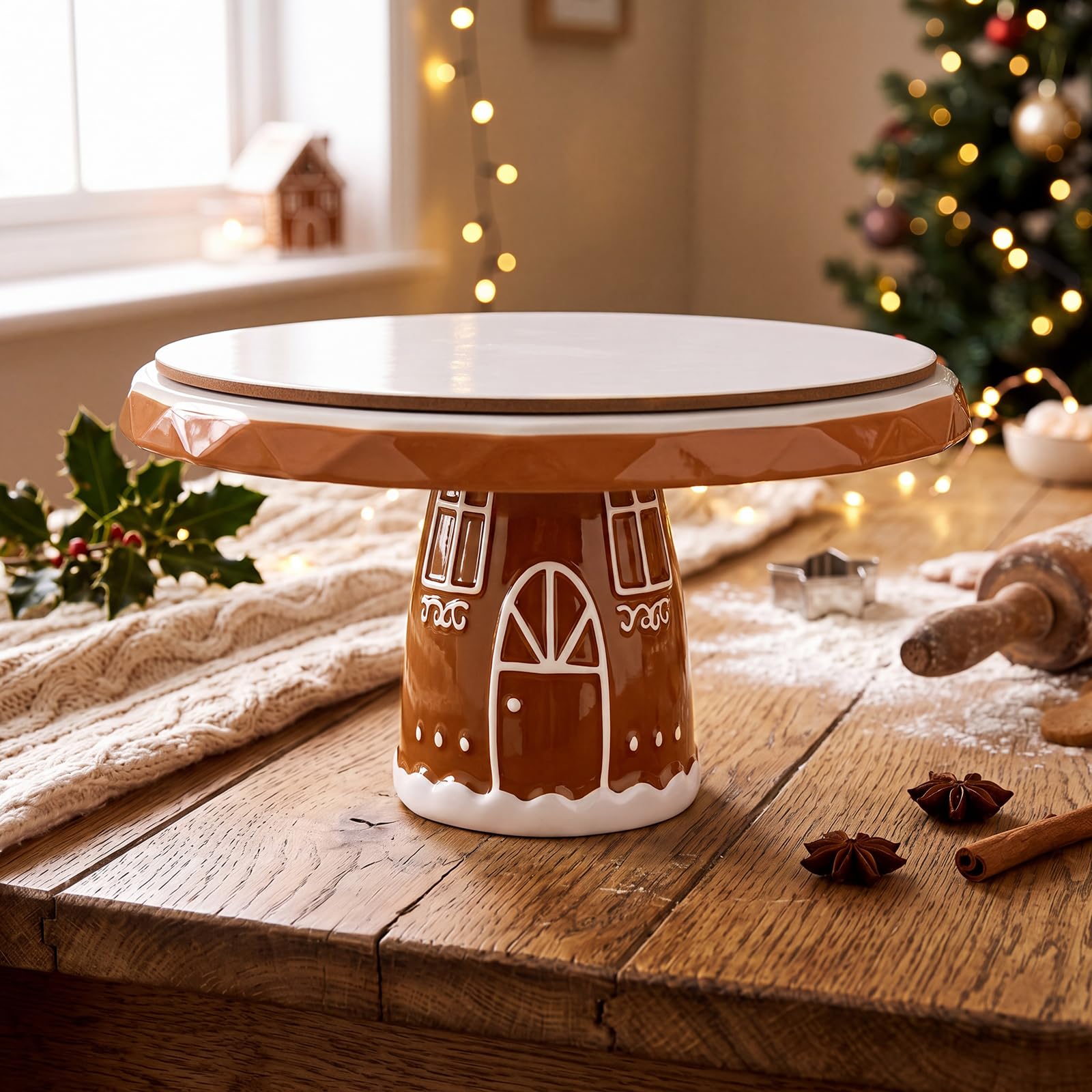 FillTouch Présentoir à gâteau de Noël en forme de maison en pain d'épices de 25,4 cm - Plateau de présentation à dessert en bois pour fête, dessert, fruits, hiver, mariage, anniversaire, décoration de