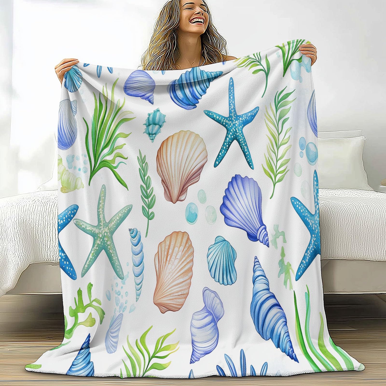 Genérico Muszle I Akwarelowe Rozgwiazdy Koc Flanelowy 220 x 240 cm Koce Sherpa, Białe Super Puszyste Wełniane Koce Dorosłych I Dzieci Koc Miękki I Ciepły Łóżko
