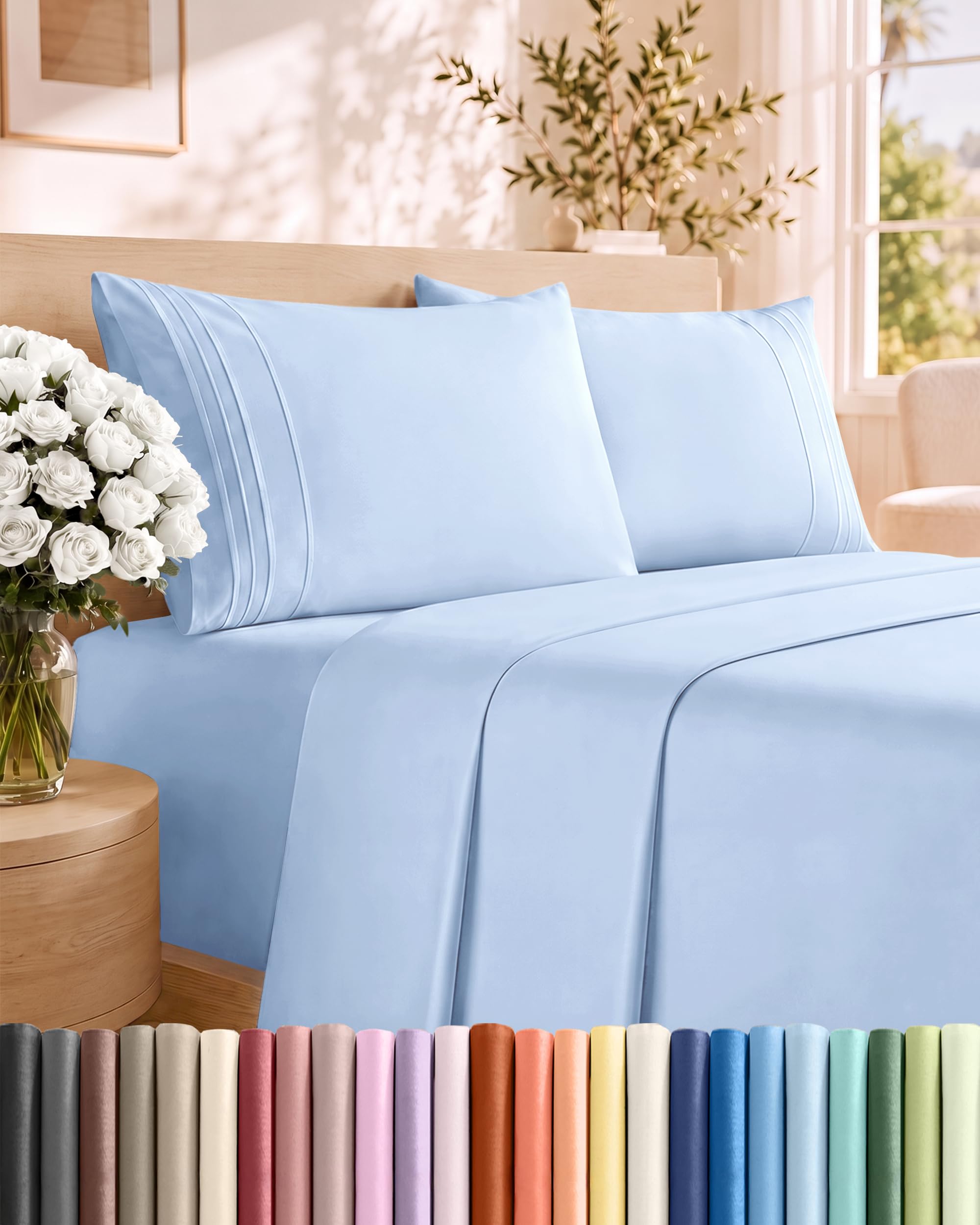 King Size 4 Piece Sheet Set - Comfy Breathable &amp; Cooling Sheets - Sky Blue