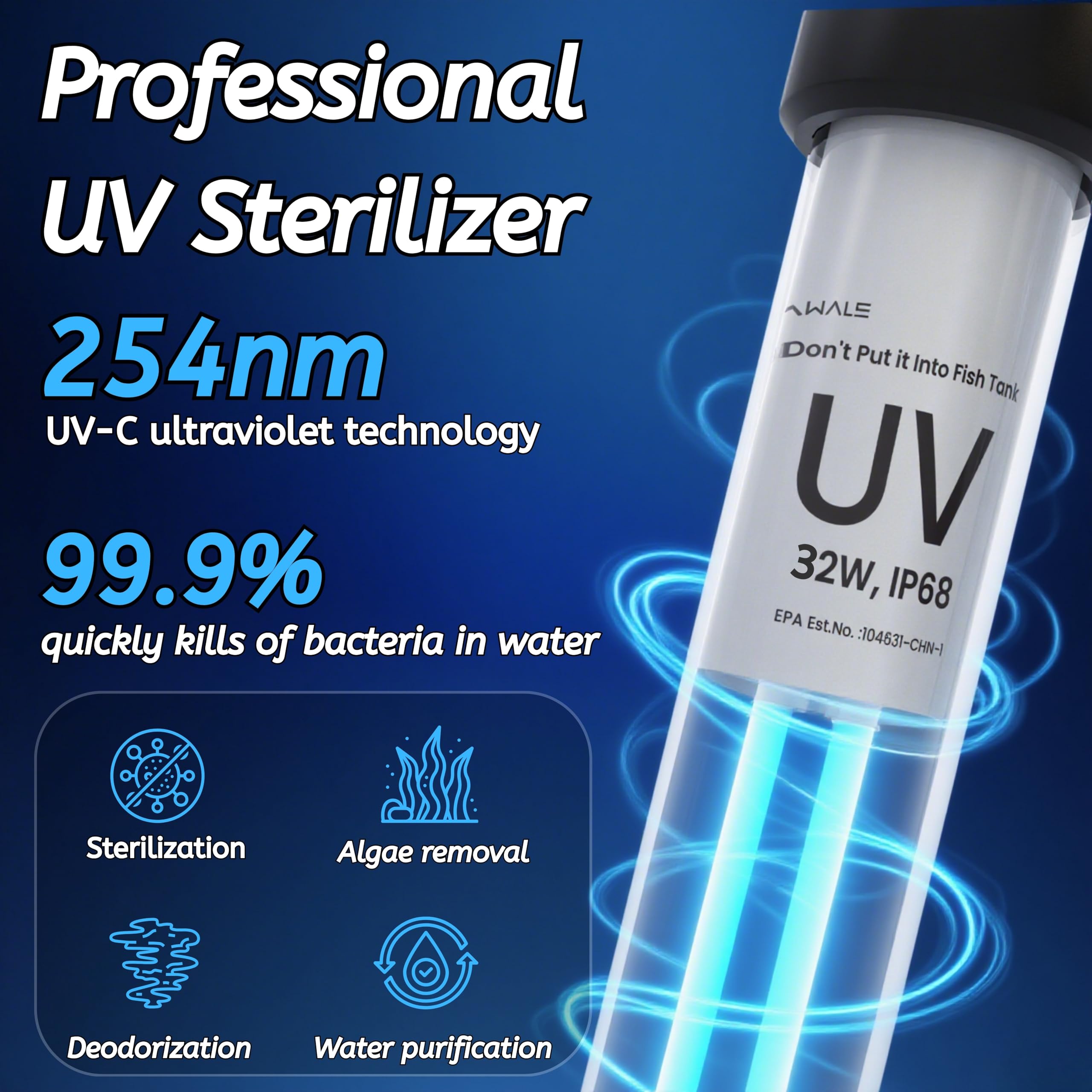 Luce UV per laghetto per acquario, chiarificatore UV per laghetto da 100-2000 galloni, filtro UV per laghetto koi, spa, grande acquario con luce UV, per controllo delle alghe e stagni