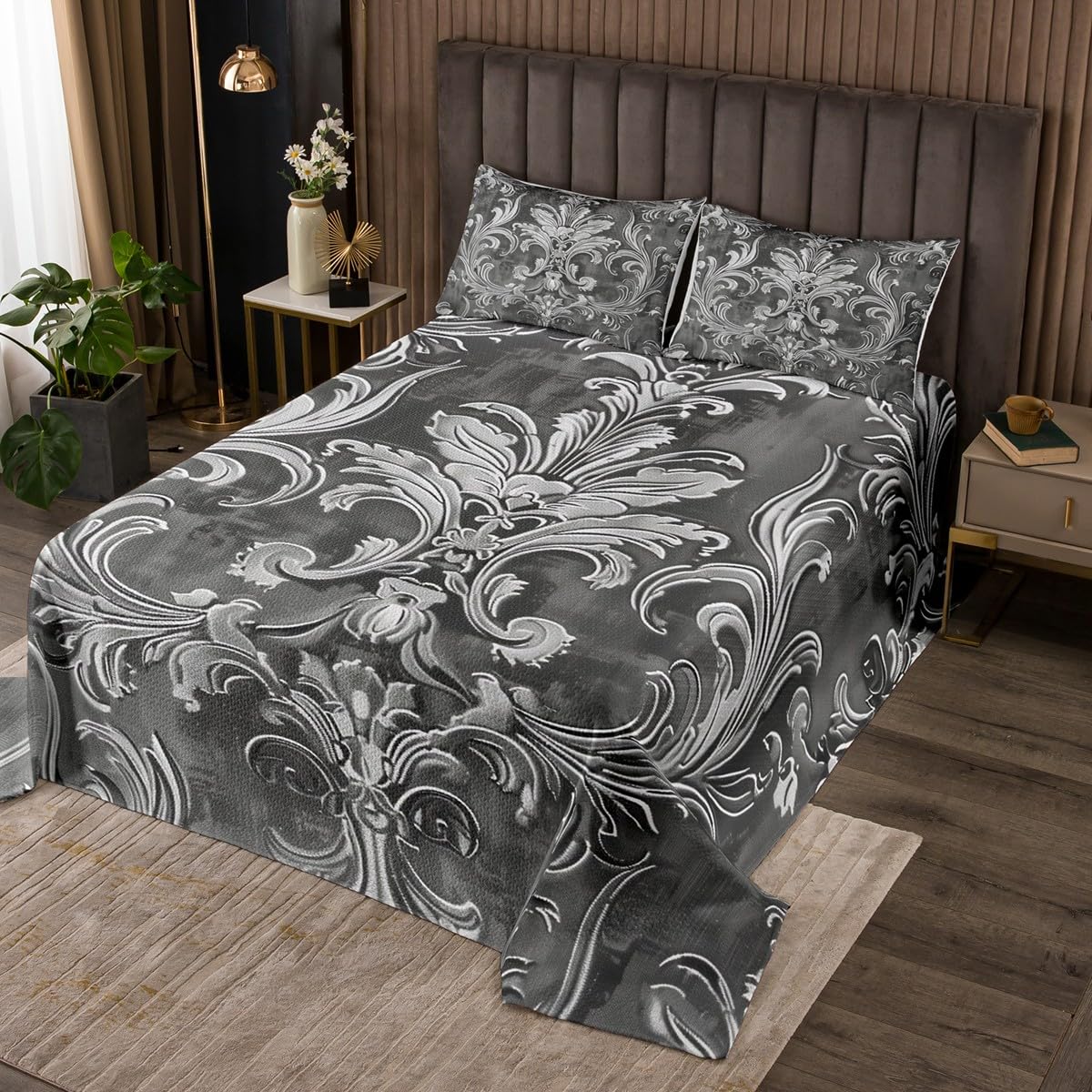 jejeloiu Grey Damask Bedspread Twin Size Kids Antique Victorian Baroque Coverlet Set for Boys Girls Teens Gothic Vintage Floral Quilted Coverlet Breathable Exotic Quilted