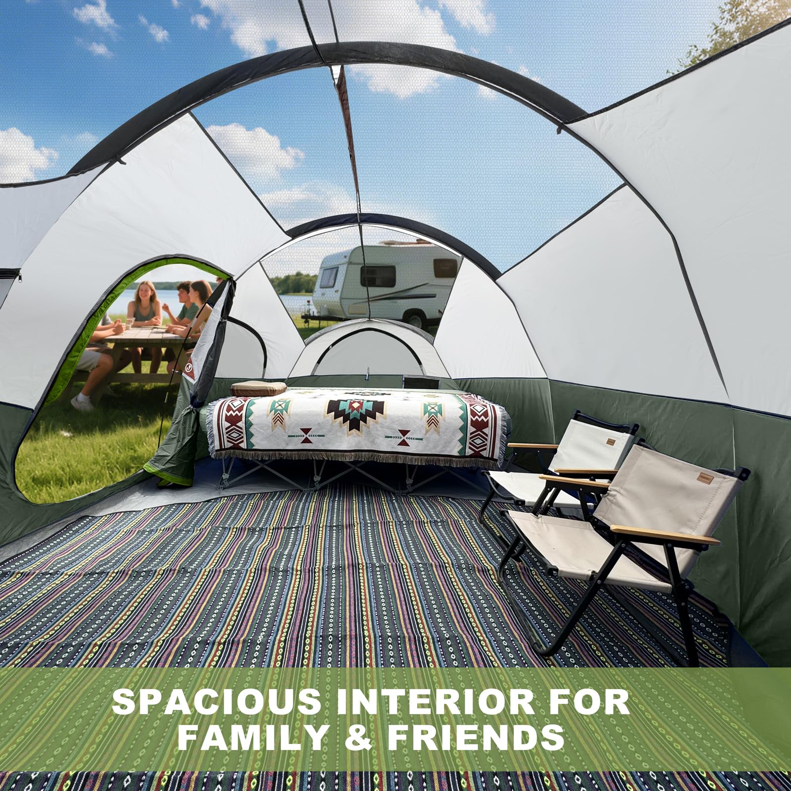 CAMPROS CP Tienda de Campaña 6-8 Personas, Tienda Familiar Grande 427 x 274 x 183 cm, 2 Habitaciones con Separador, Altura Cómoda, Montaje Rápido en 5 Minutos, Ventilada, Camping Familiar