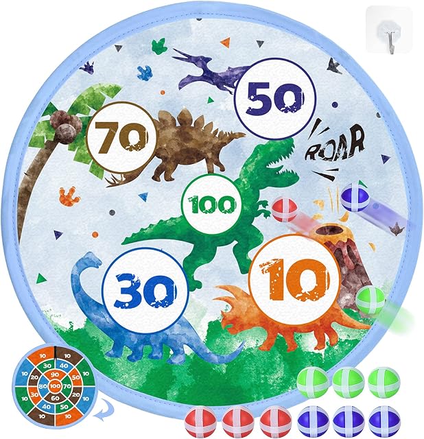 WERNNSAI Dinosaur Sticky Dart Board for Kids - 36cm Watercolor Dinosaur Dart Board with 9 Balls for Boys Double Sided Collapsible Dartboards Game Sets Indoor Outdoor Toy Sport for Birthday Party