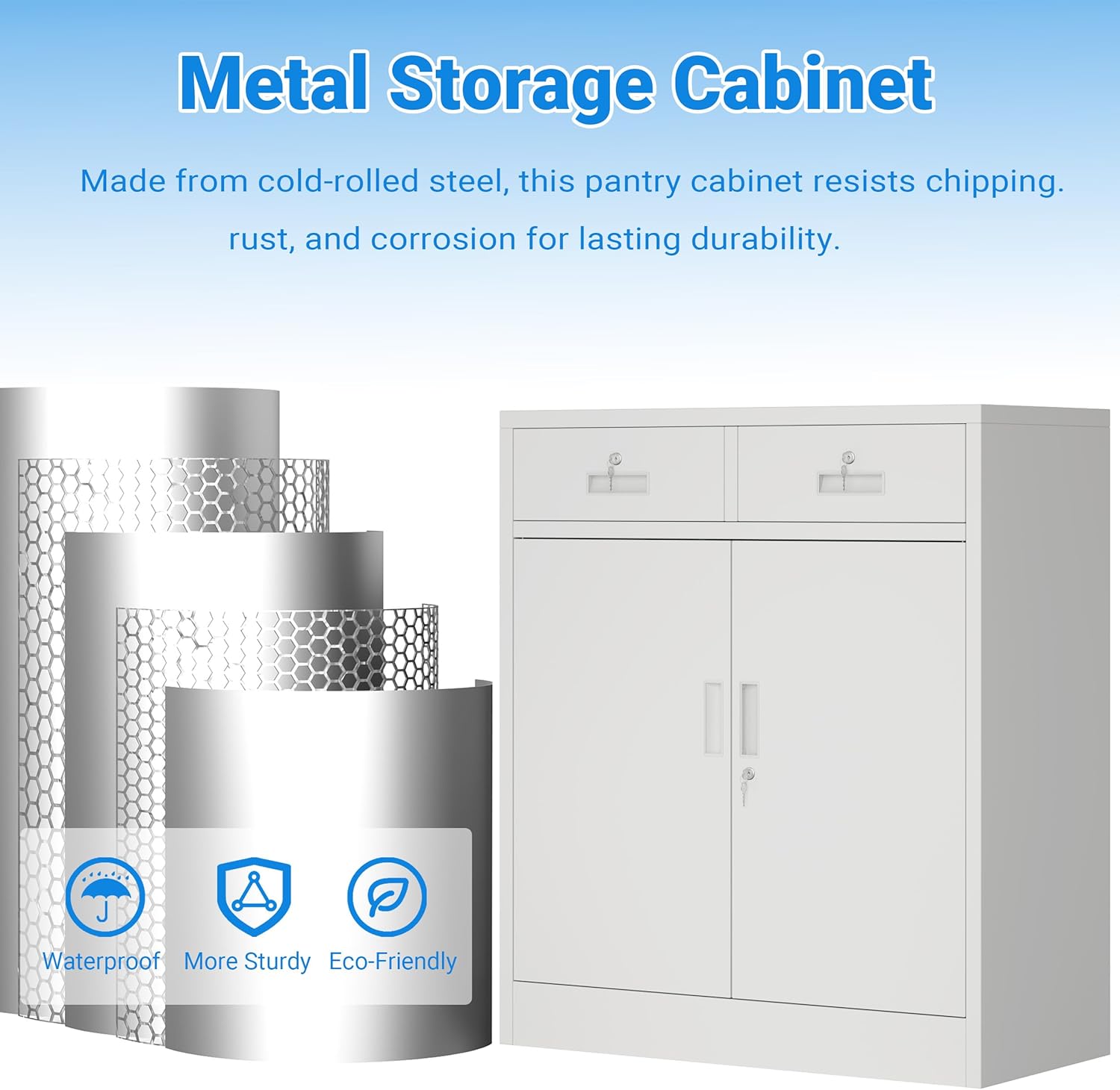 BESFUR Metal Storage Cabinet, Locking Storage Cabinet with Doors and Shelves, Reinforced Heavy Duty Metal Cabinets with Drawers for Office, Home, Garage (White)