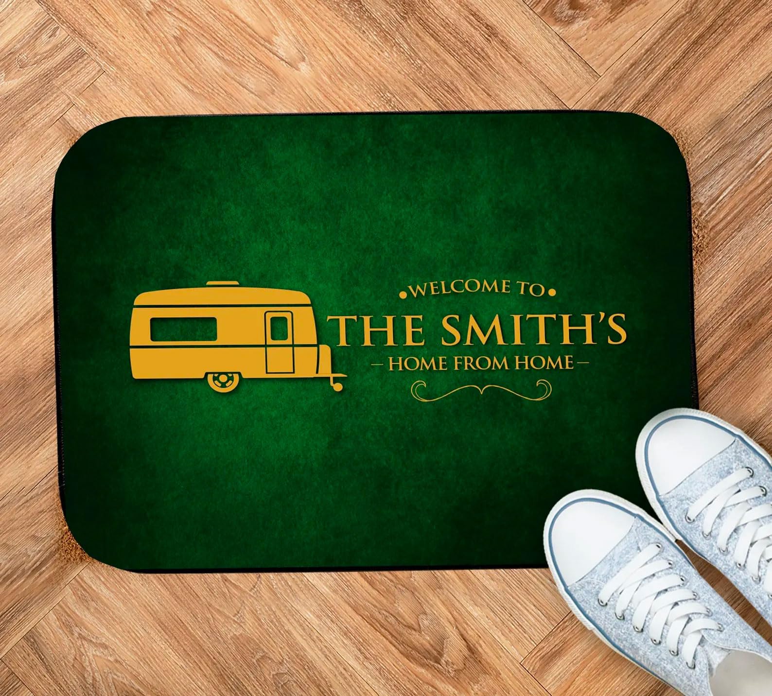Artylicious Personalised Caravan Mat - Small custom door mat Mat 44cm x 32cm | Camping accessories (Green)