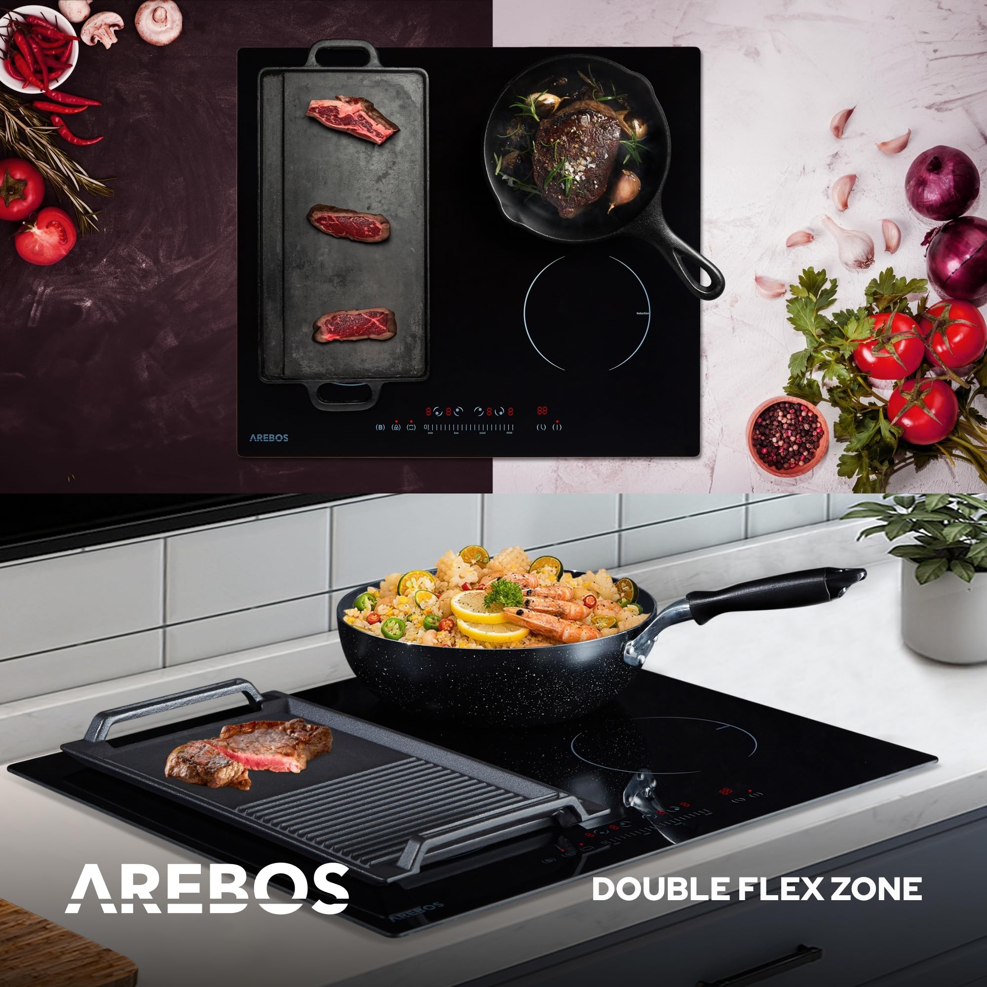 Arebos Płyta indukcyjna z funkcją boostera, 7200 W, 4 płyty Flexzone, 59 cm, autonomiczne szybkie nagrzewanie, czujnik dotykowy, timer, zabezpieczenie przed dziećmi