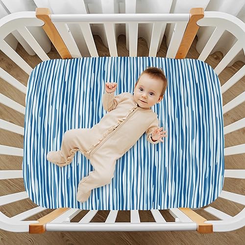 Miniatura 7 de GOODOLD Abstract Striped Blue Crib Sheets for Boys Girls 52x28 Inch Soft and Breathable Pack n Play Sheets Portable Mini Stretchy Cribs Sheets