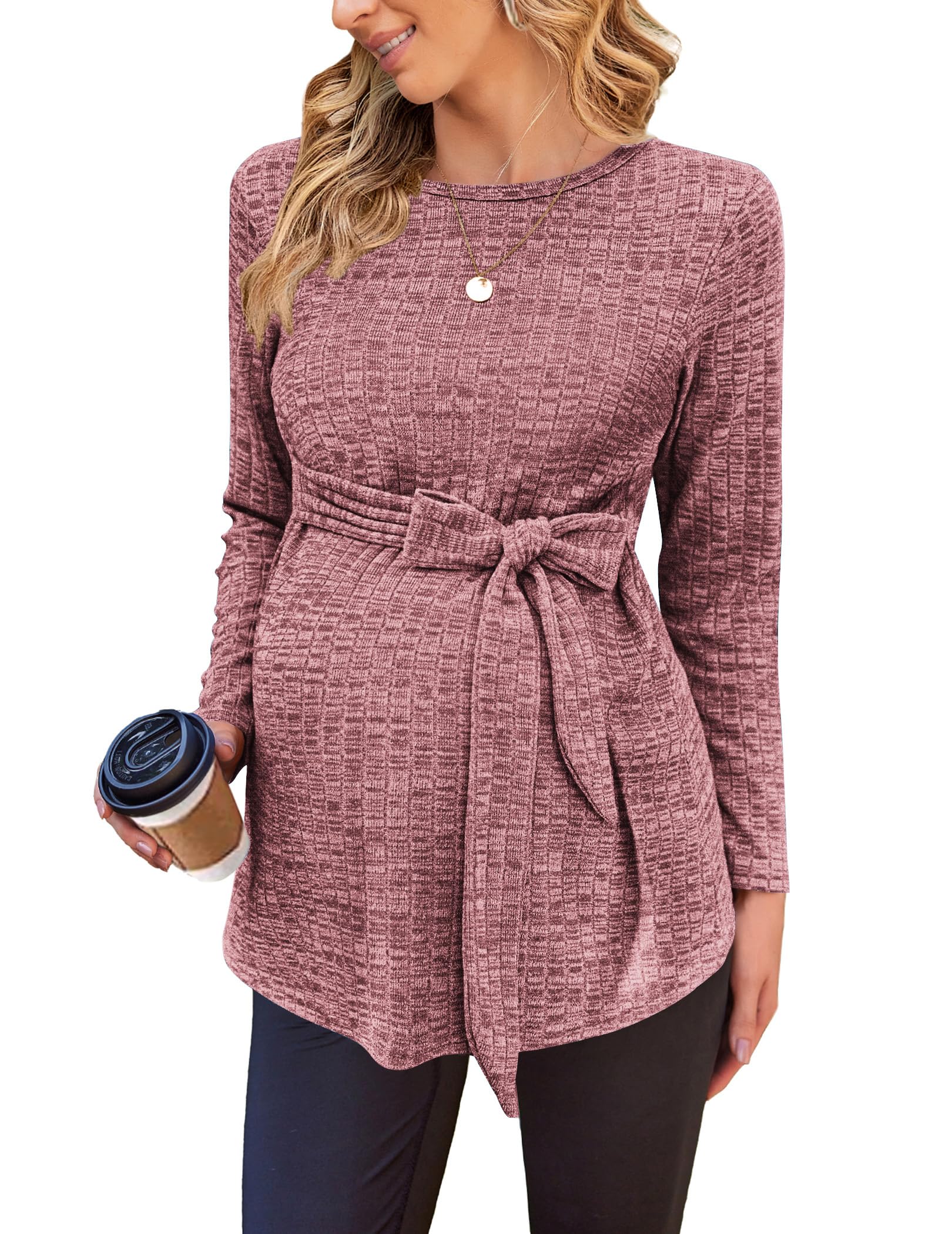 Ekouaer Maternity Shirts Ribbed Long Sleeve Pregnancy Sweater Tops Outfits