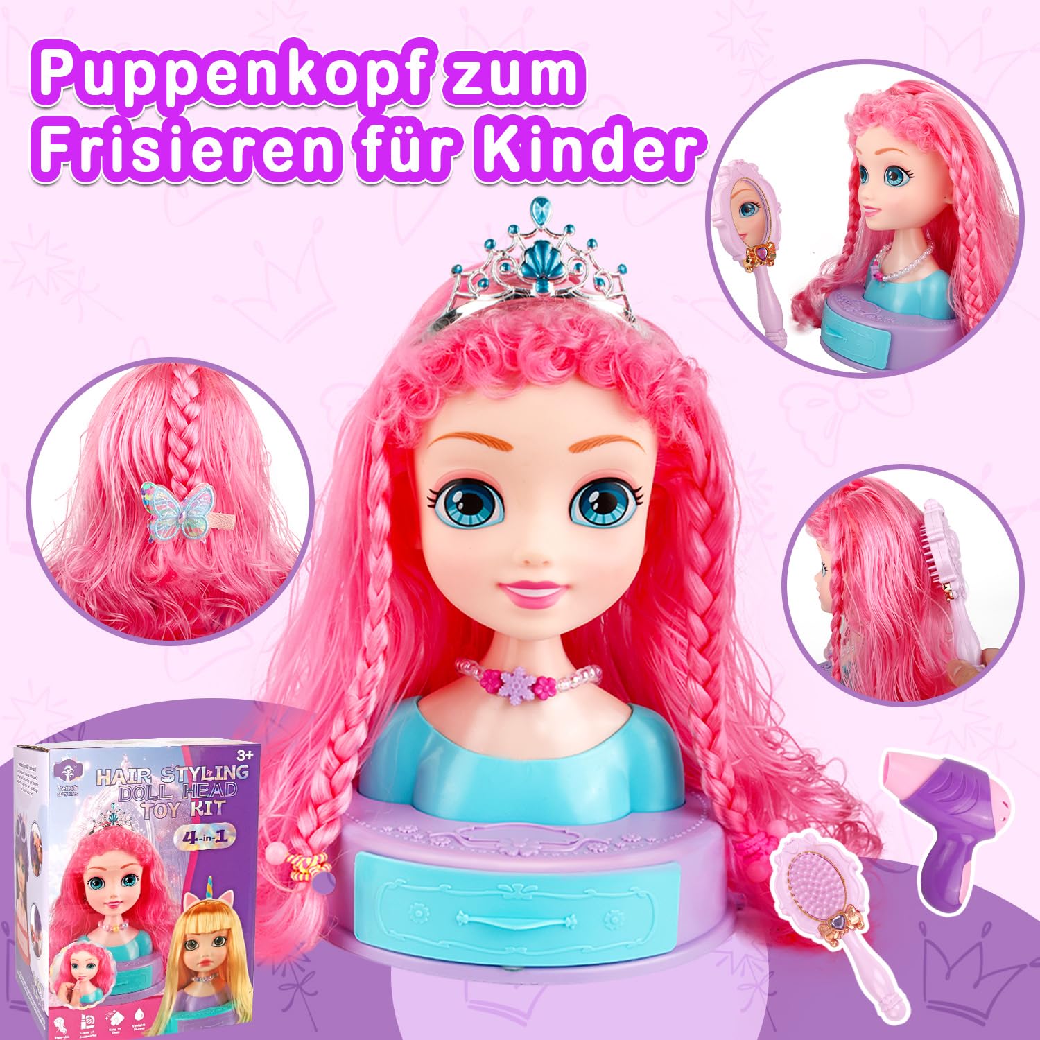 4 in 1 Doll Head for Hair Styling Kids 9 pollici, 41 pezzi Hair Salon Toys Kit Princess Accessories Pretend Play Toys Birthday Gifts for 3-8 anni Old Girls