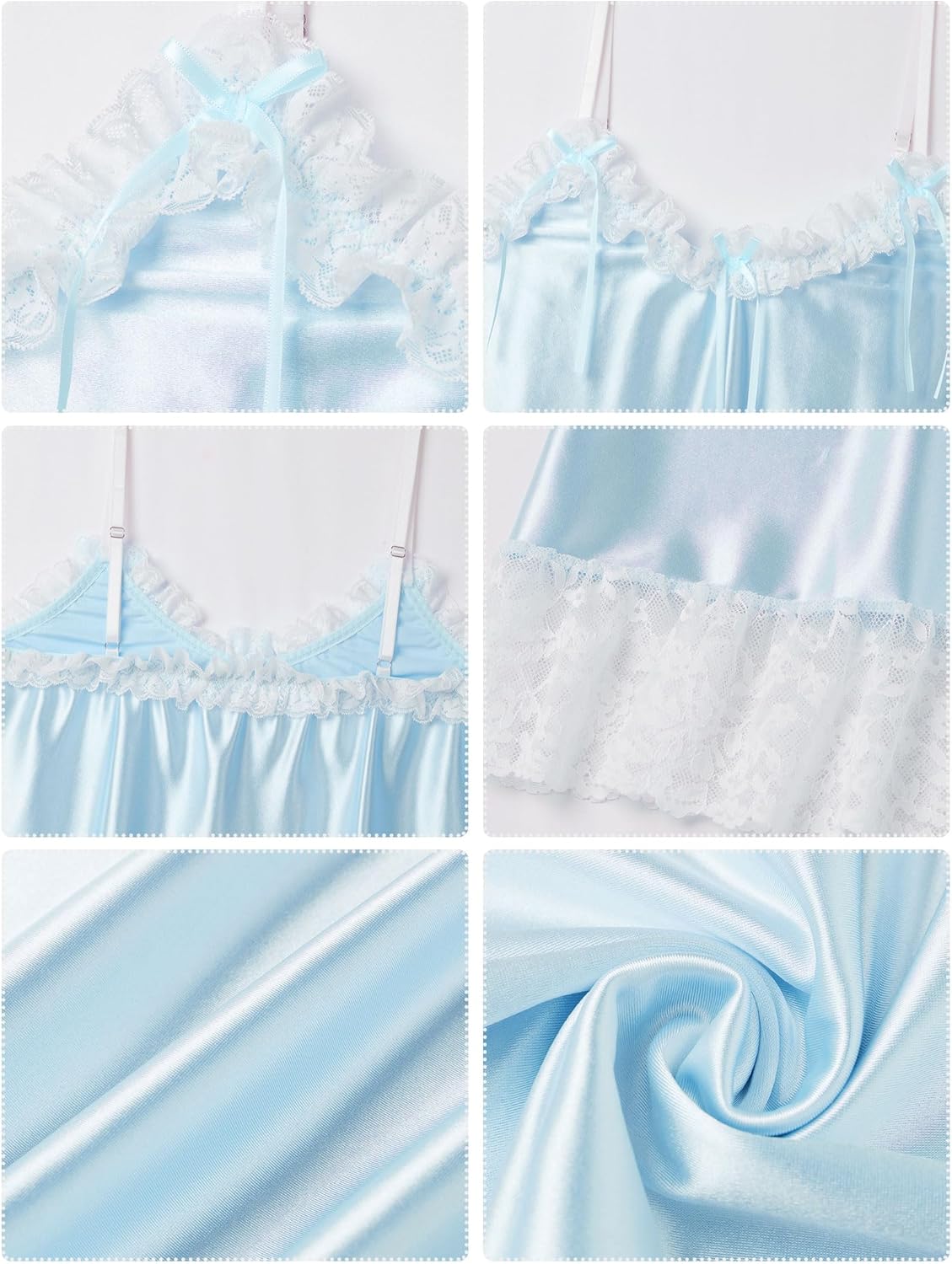 ABAFIP Men's Sissy Nightwear Satin Shiny Ruffle Lace Mini Nightdress Spaghetti Strap Crossdress Nightgown - Image 5