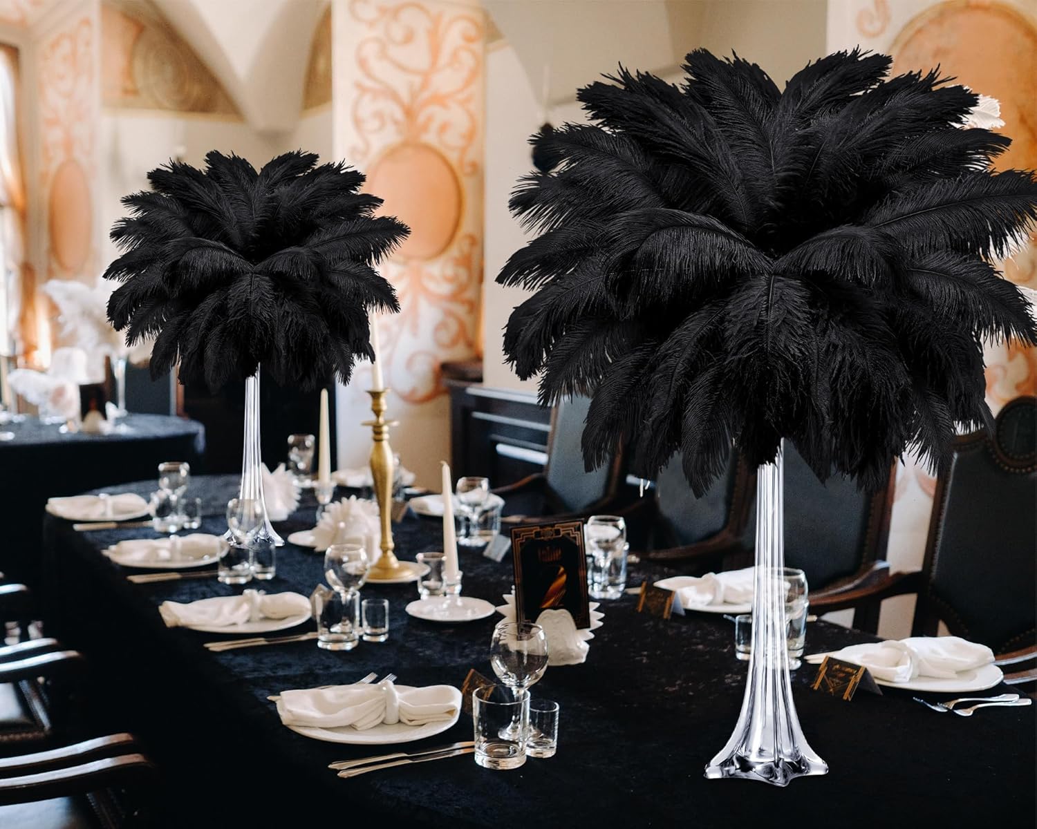meekoo 6 Pcs Eiffel Tower Vases for Centerpieces with Ostrich Feathers 20 Inch Tall Skinny Clear Glass Extra Large Long Flower Vase for Wedding Flower Arrangement Home Decoration(Black)
