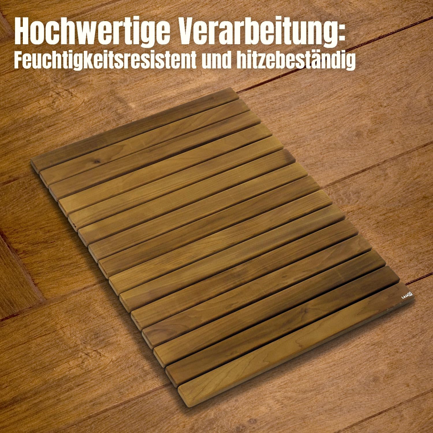 Sauna Bodenmatte 80x60x2 cm FSC Thermo Espenholz Rollbar Rutschfest