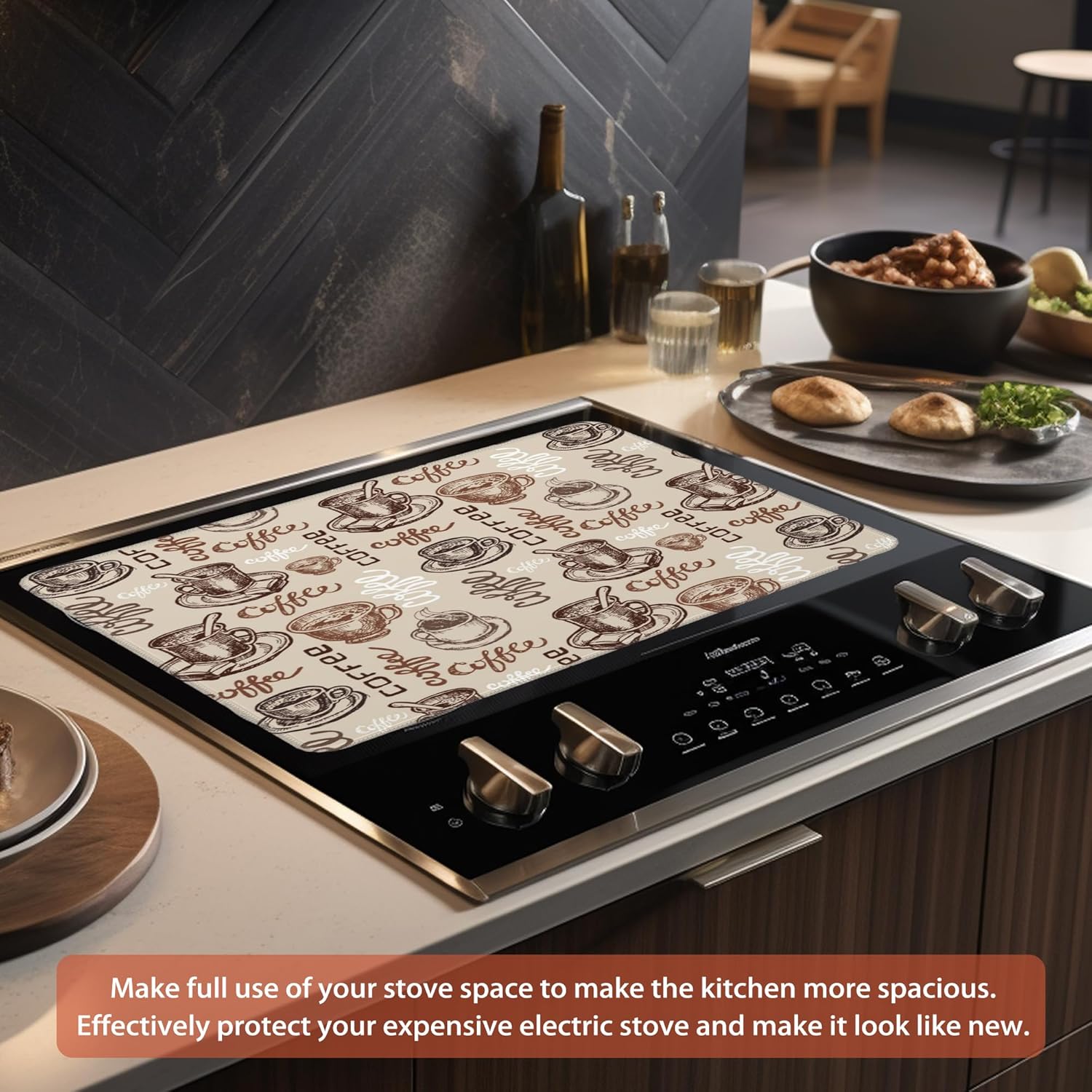 Coffee Theme Stove Top Covers for Electric Stove,Retro Coffee Cup Glass Cooktop Cover Protector,Anti-Slip Heat Resistant Range Cooktop Cover Mat 28"x19.5"