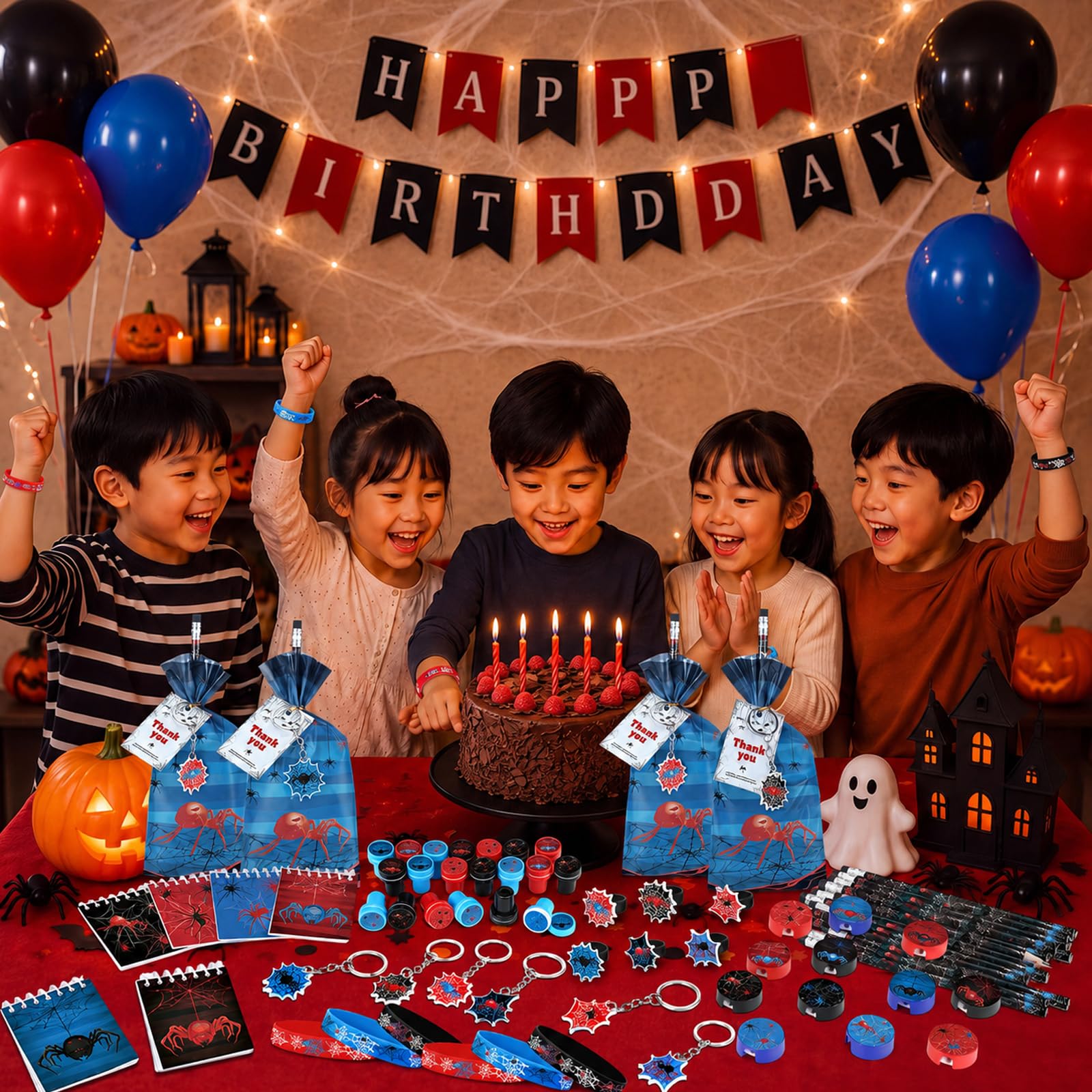 Sayglossy 251 pezzi 20 ospiti Spider Party Favors include sacchetti regalo matita notebook temperamatite braccialetto anelli portachiavi adesivi gonfi timbro per baby shower festa di compleanno