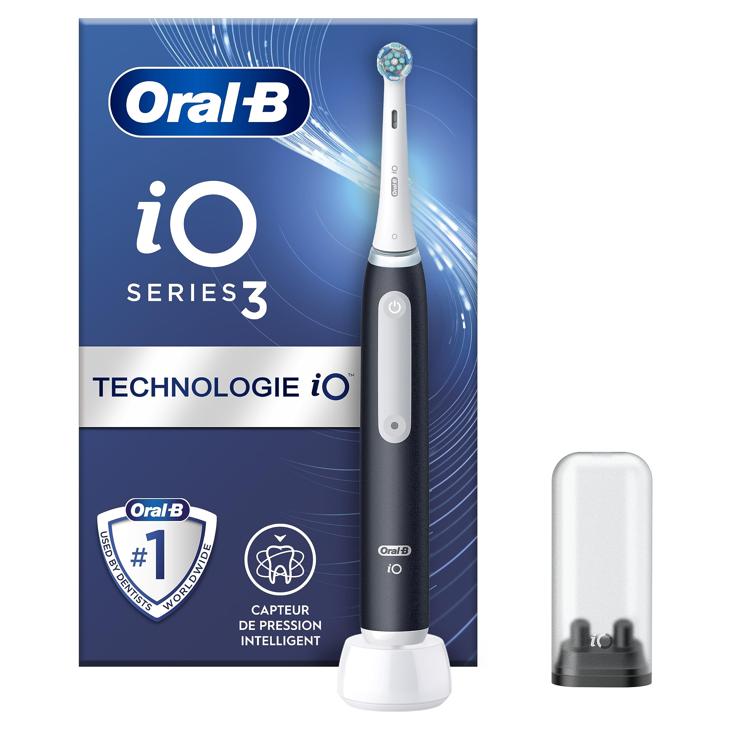 Oral-B iO 3 Brosse A Dents Electrique Noire, Pour Adultes, Modes De Nettoyage Avec Blancheur, Doux Pour Les Gencives, Capteur De Pression, Brossette Oral B De Rechange, Chargeur, Porte-Brossettes