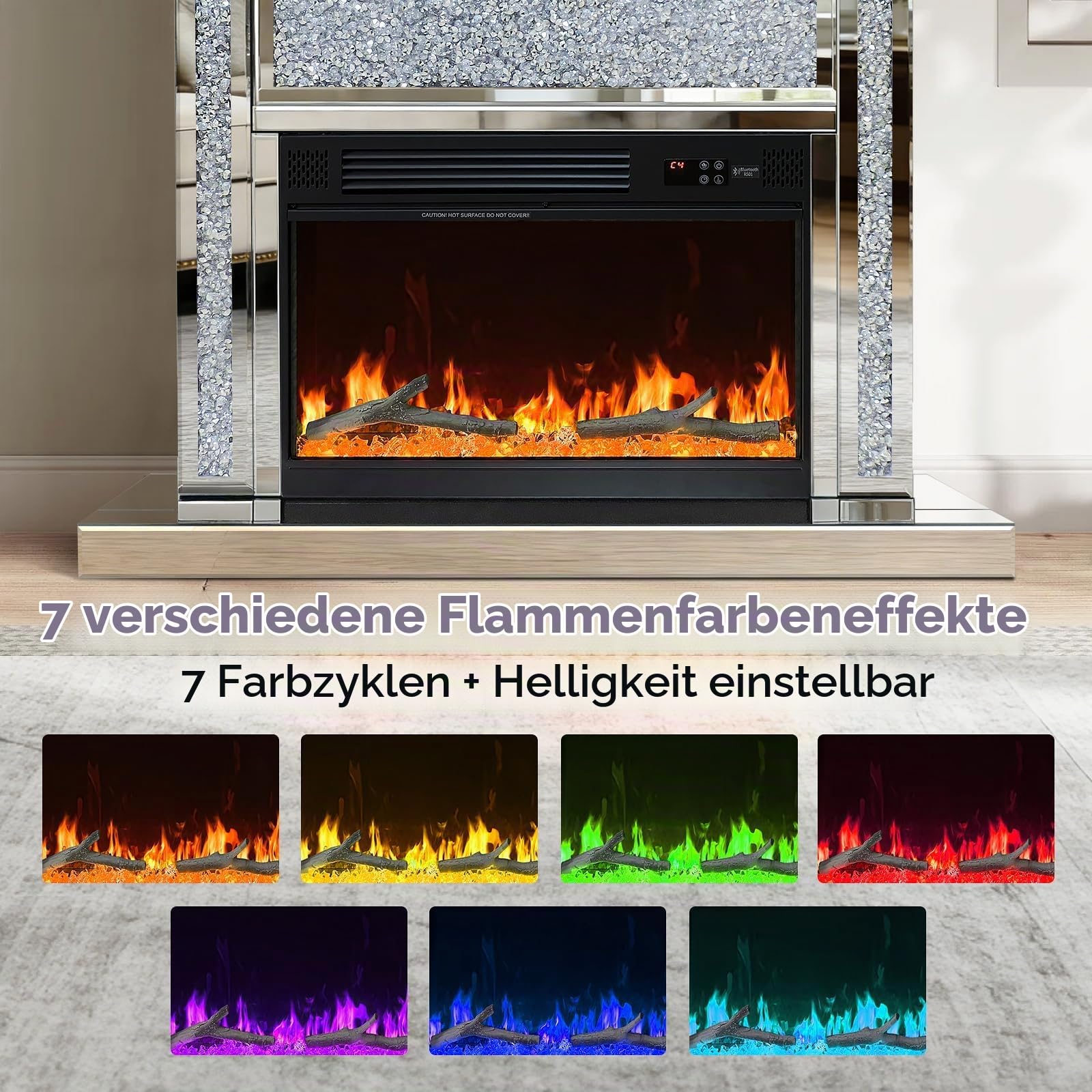 Verspiegelter Elektrokamin mit gebrochenem Diamant, Kaminaufsatz & Bluetooth-Lautsprecher, 7 Farben 3D-Flammeneffekt, Fernbedienung, silberner freistehender Kamin für Wohnzimmer, Schlafzimmer & Ecke