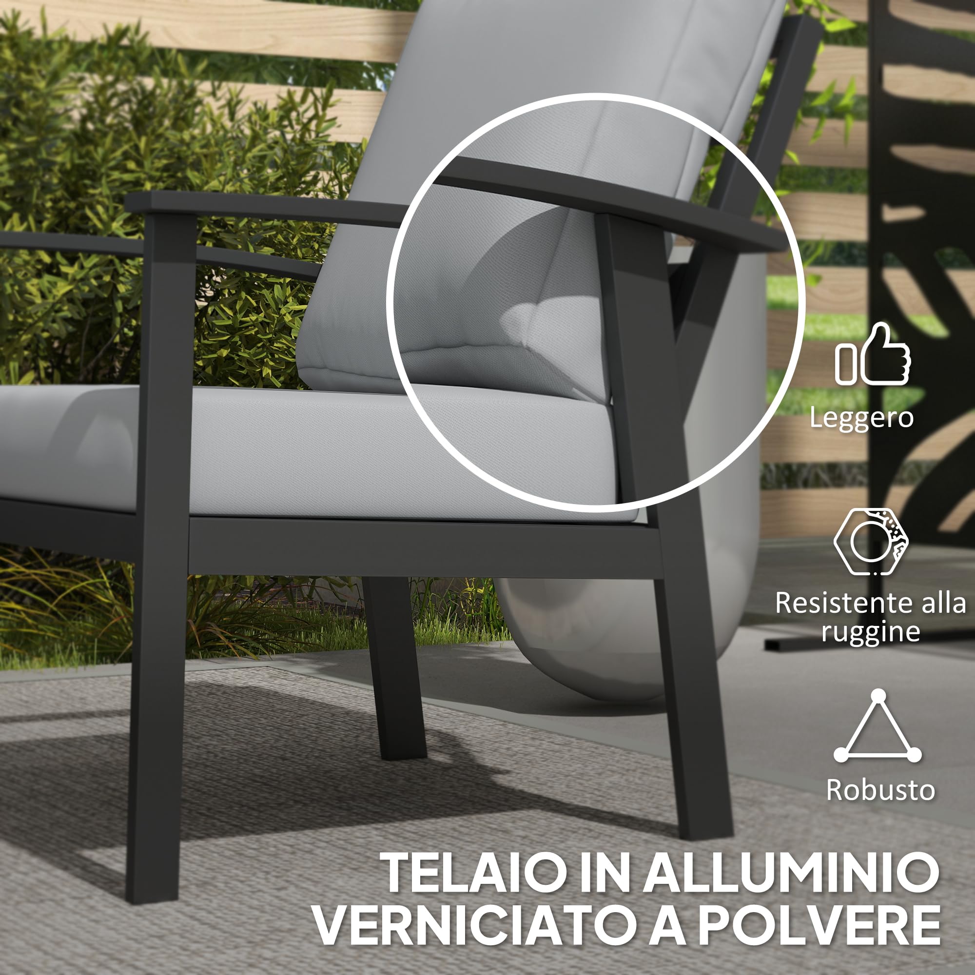Outsunny Set Salotto da Giardino da 4 Pezzi in Alluminio, Set di Mobili con Divanetto da Esterno a 2 Posti, 2 Poltrone e Tavolo da Caffè con Piano in Vetro e Cuscini Sfoderabili, Grigio Carbone