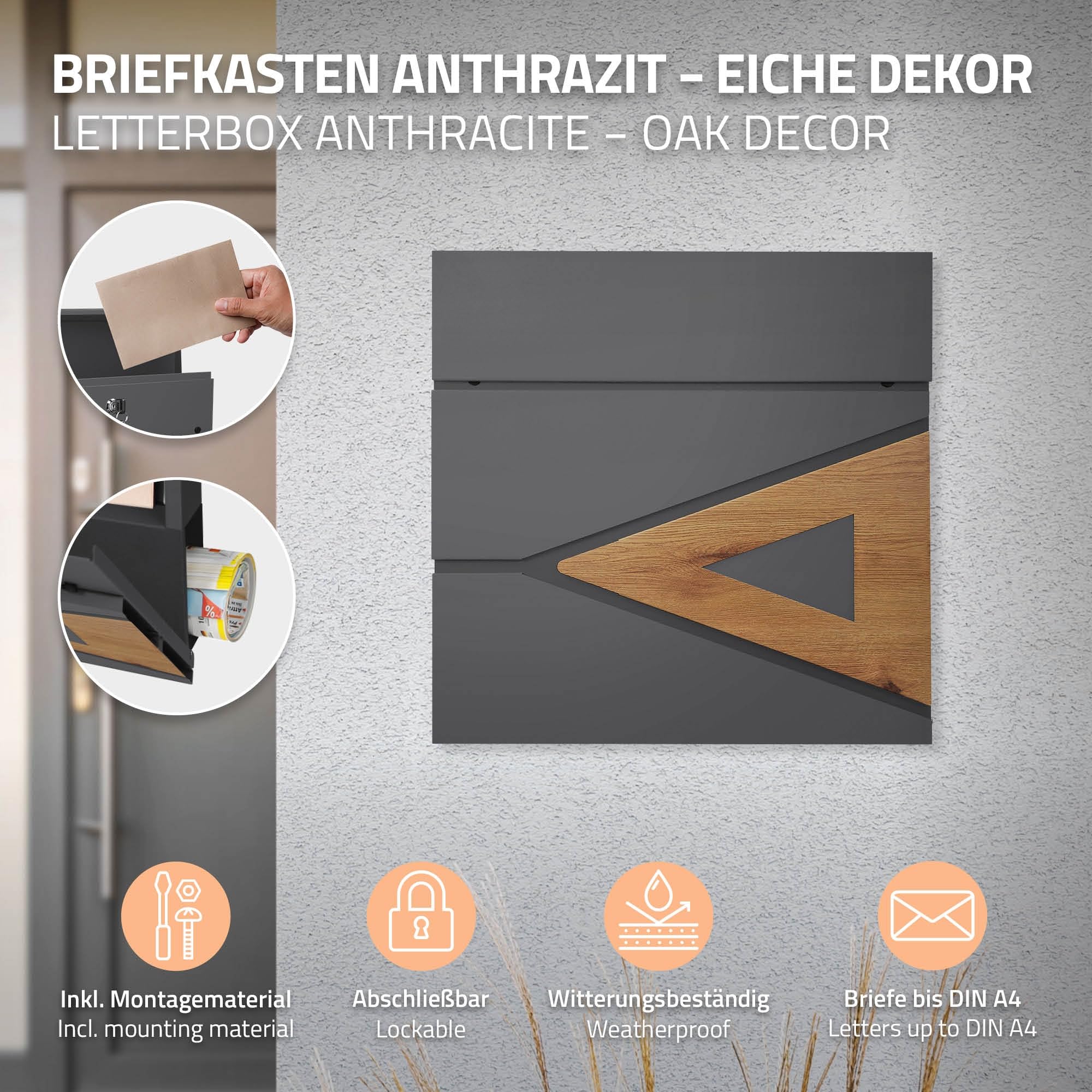 ML-Design Boîte aux Lettres 37x36,5x11 cm Anthracite/Optique Bois, en Acier, Boîte Postale avec Compartiment à Journaux/Courrier, Verrouillable avec 2 Clés, Murale, Design Moderne, avec Porte-Journaux