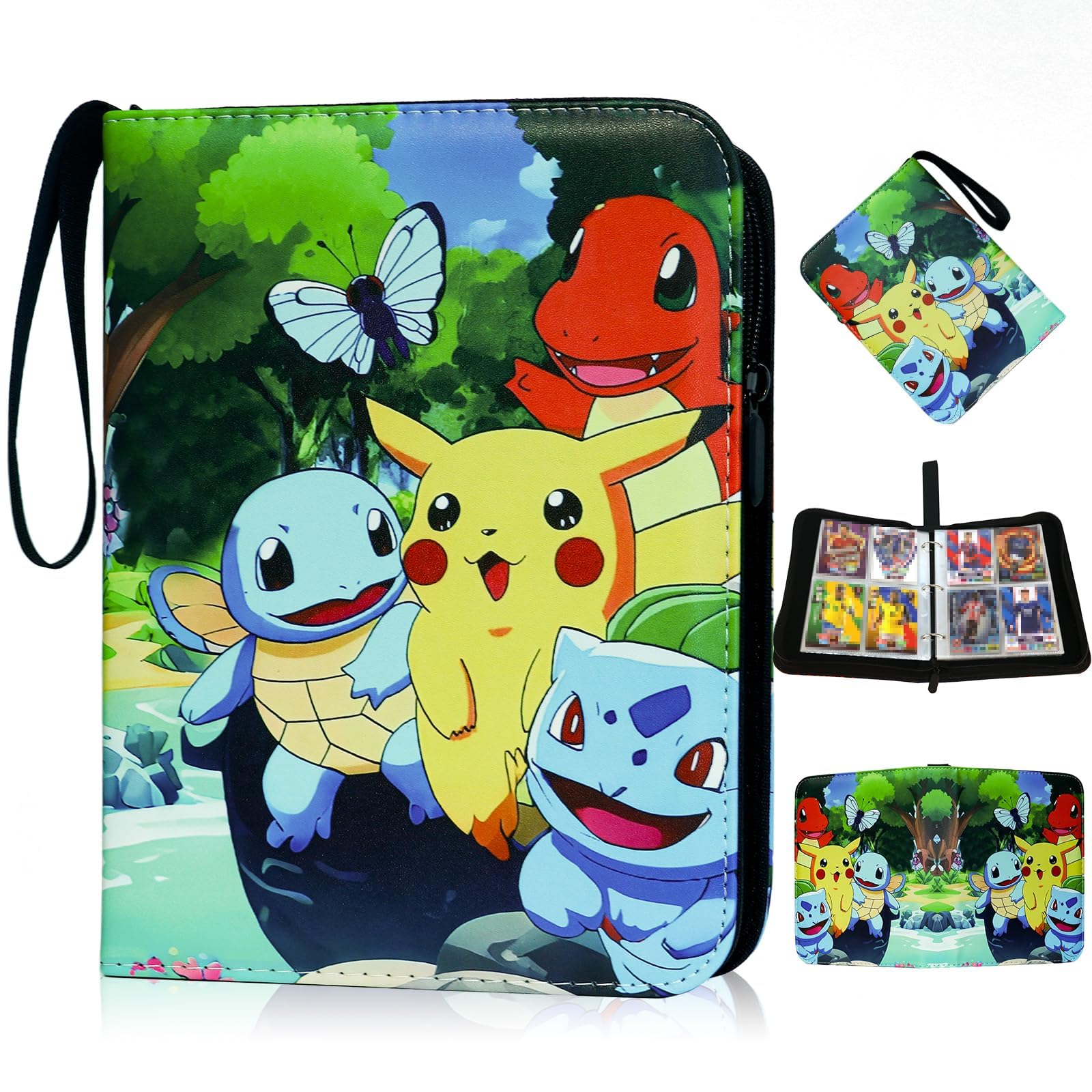 YFCHOTI Sammelkarten Album 4 Taschen 50 Seiten für 400 Karten, Cartoon Anime Sammelalbum Sammelmappe Sammelheft Sammelbuch mit Reißverschluss Tragegriff, Wasserdicht 3-Ring Karten Heft Mappe Ordner