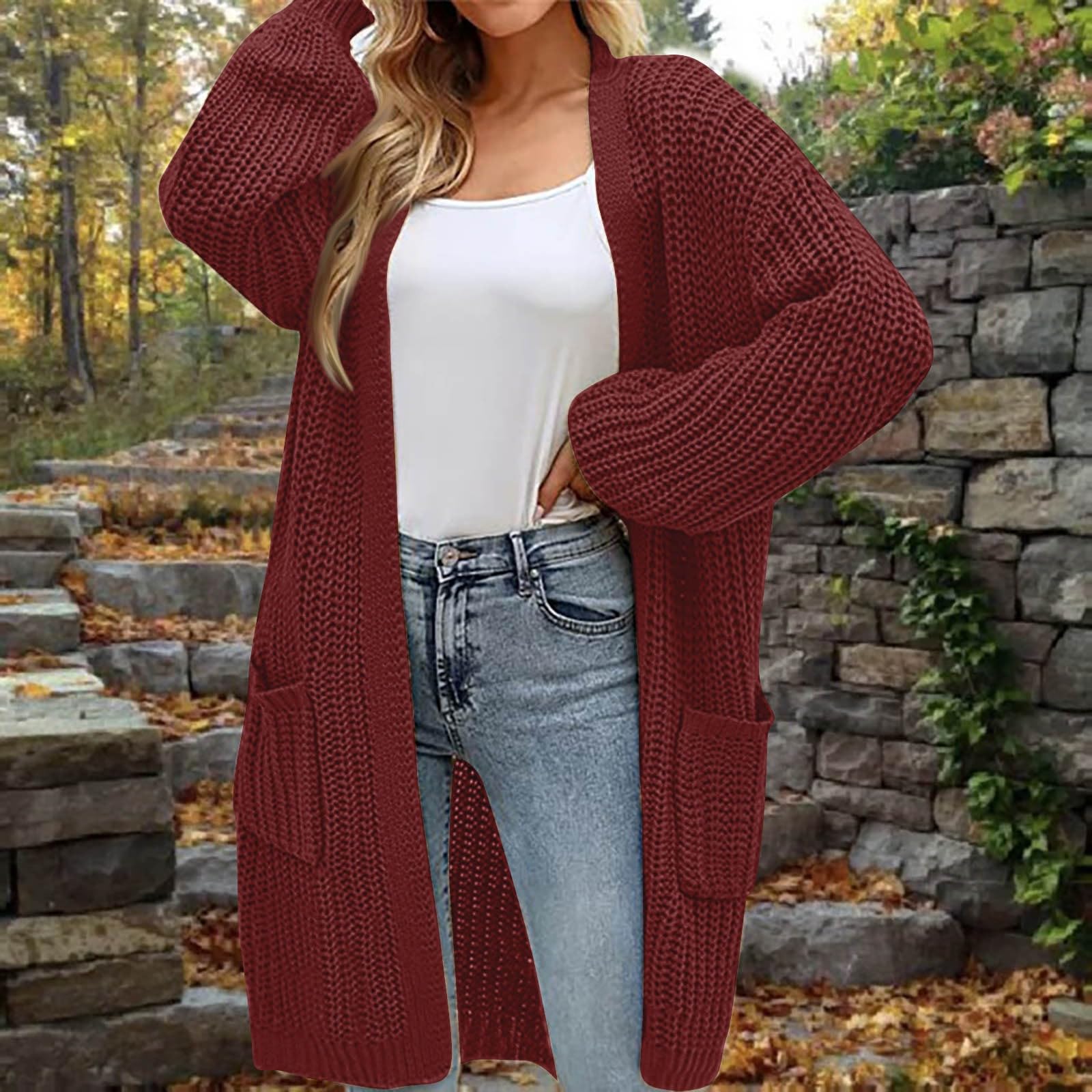 Generisch Strickjacke Damen Lang Grobstrickjacke Mit Taschen Wintermantel | Strickjacken Winter Leichte Winterjacke Damen Casual Cardigan Open Front Mantel Frauen Langarm Strickmantel Einfarbig