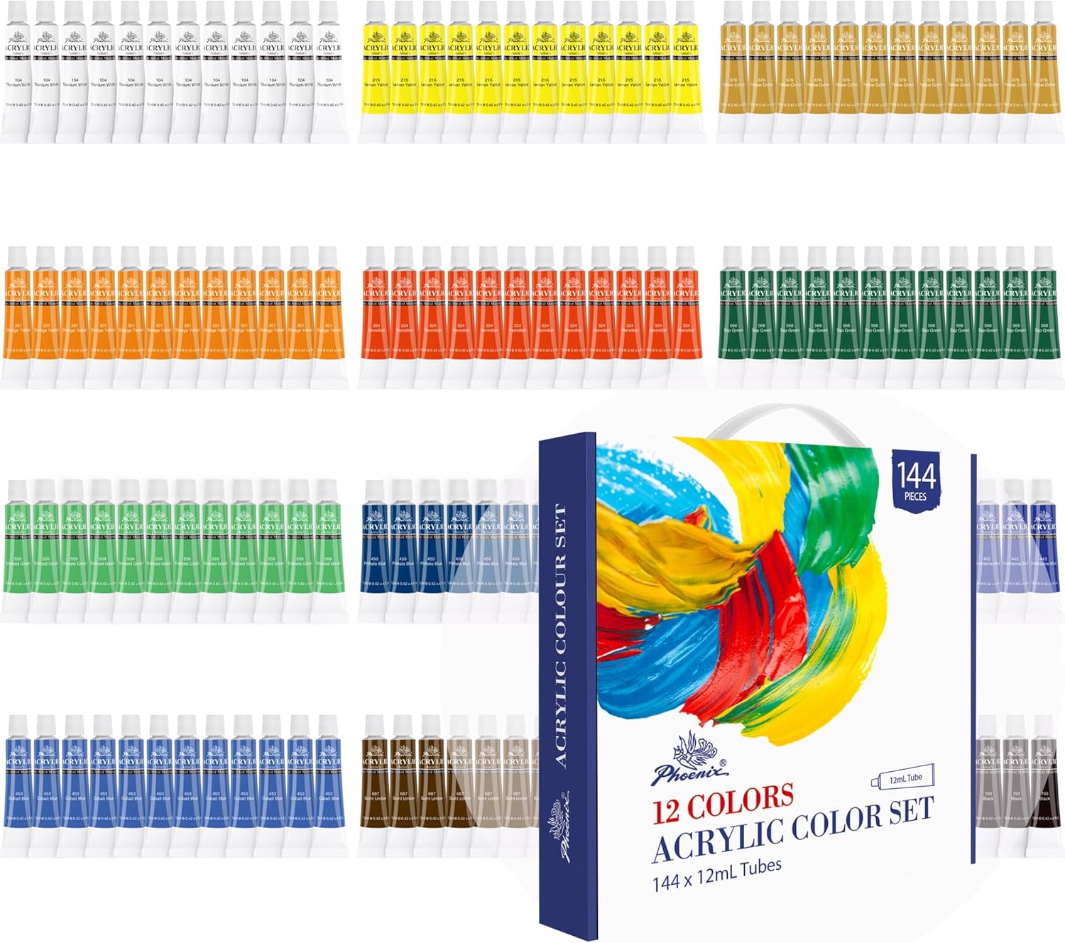 PHOENIX Acrylic Paint Set, 144 x 12ml / 0.4 fl Oz. Tubes Holiday Gift Pack - 12 Colors, Bulk Classroom Set Non-Toxic Paint Party for Artists & Beginners