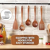 Vista 5 de Cucharas de madera para cocinar, juego de utensilios de cocina de madera de teca con ganchos, acabado liso, antiadherente, agarre cómodo, utensilios