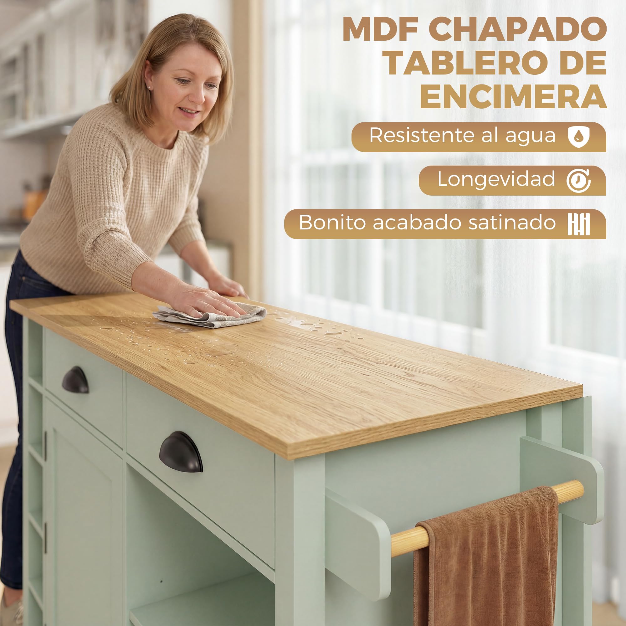HOMCOM Isla de Cocina con Tablero Plegable y Ruedas, Carrito de Cocina con Estantes en la Puerta, Toallero, Armario, 2 Cajones, Estantes Abiertos, 117,5x70x91 cm, Verde Claro