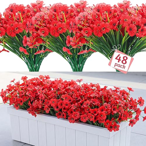 Janinka 48 paquetes de flores artificiales rojas para exteriores, resistentes a los rayos UV, plantas de plástico falsas que no se decoloran,