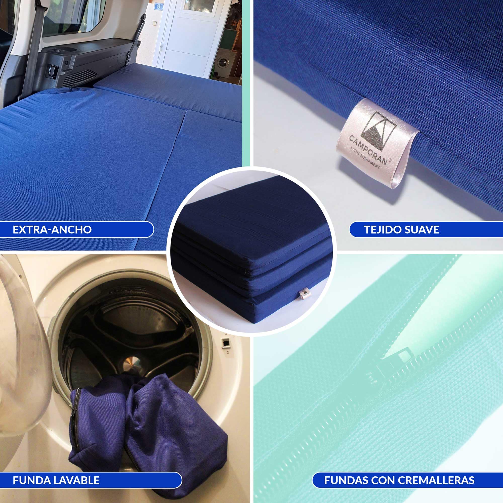 Colchon Plegable Furgoneta Camper PEQUEÑA, Varios Vehiculos, Firme de Alta Densidad, Azul Oscuro, Desenfundable y Lavable