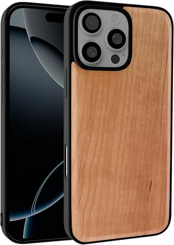 Real Wood Case for iPhone 16 Pro Max, Slim, Shockproof, Natural Wooden Cover, Soft TPU Bumper, Durable, Anti-Scratch, Wireless Charging Compatible Cherrywood