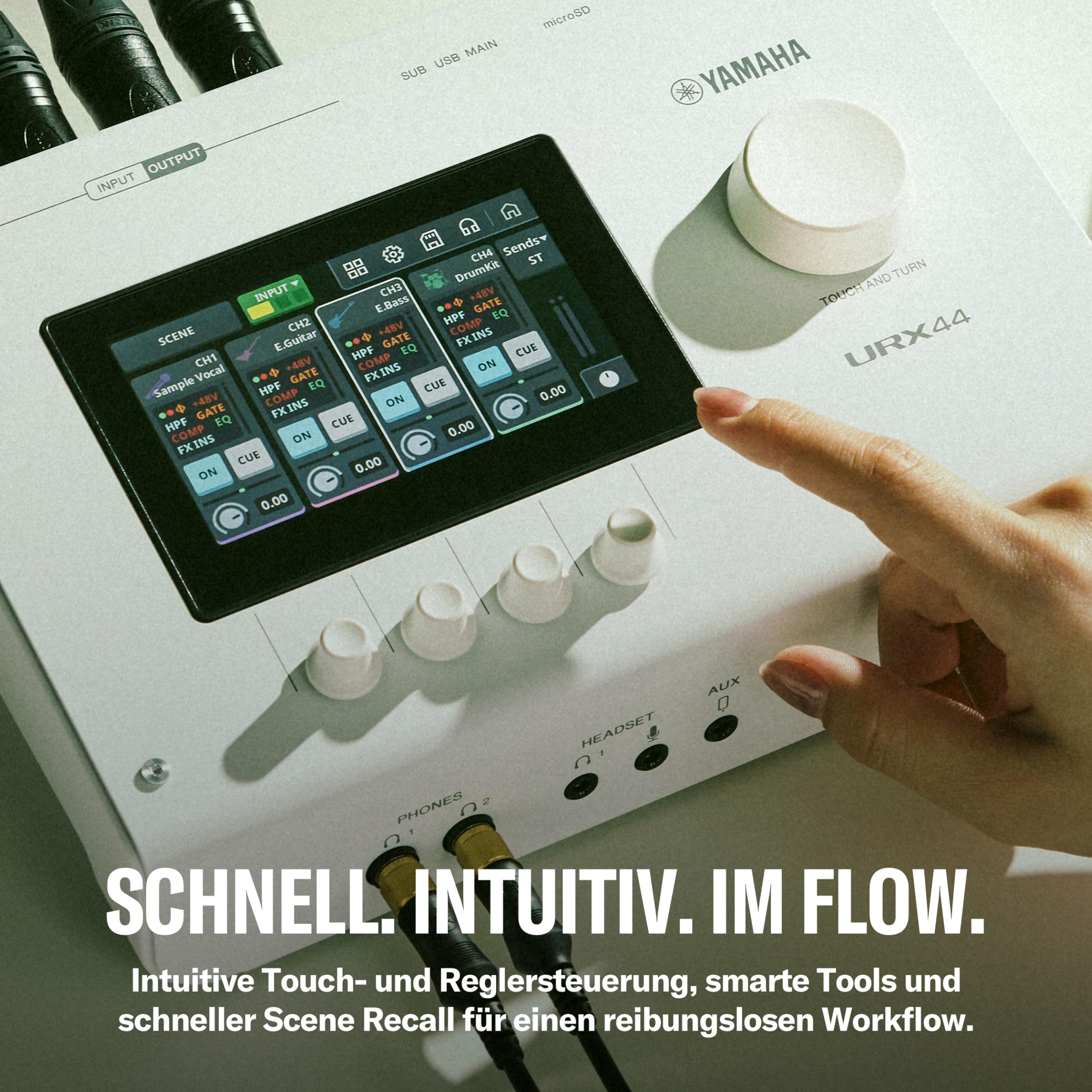 YAMAHA URX44 USB-C Audiointerface – Kompaktes 6-In/4-Out Interface mit 32-Bit/192 kHz Audio, Touch-LCD-Steuerung, integriertem DSP-Mixing, Auto Gain und Mehrspuraufnahmen – Schwarz