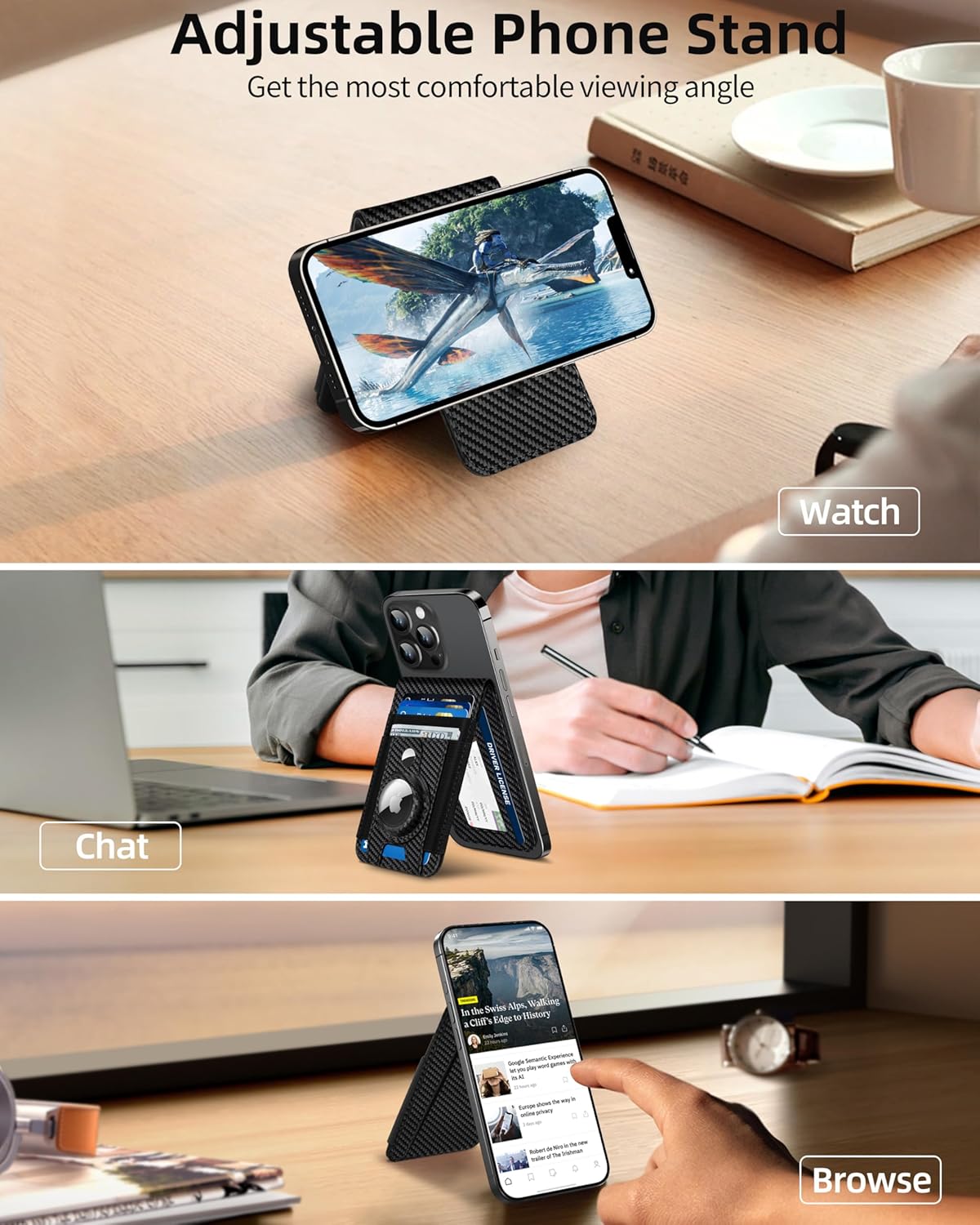 For Magsafe Wallet Stand with Airtag Holder, Strongest Magnetic Wallet for iPhone 17/16/15/14/13/12 Series, ID Window, 4 Card Slots, 10 Cards Holder, Vegan Leather, RFID Blocking, Black Carbon Fiber - Image 3