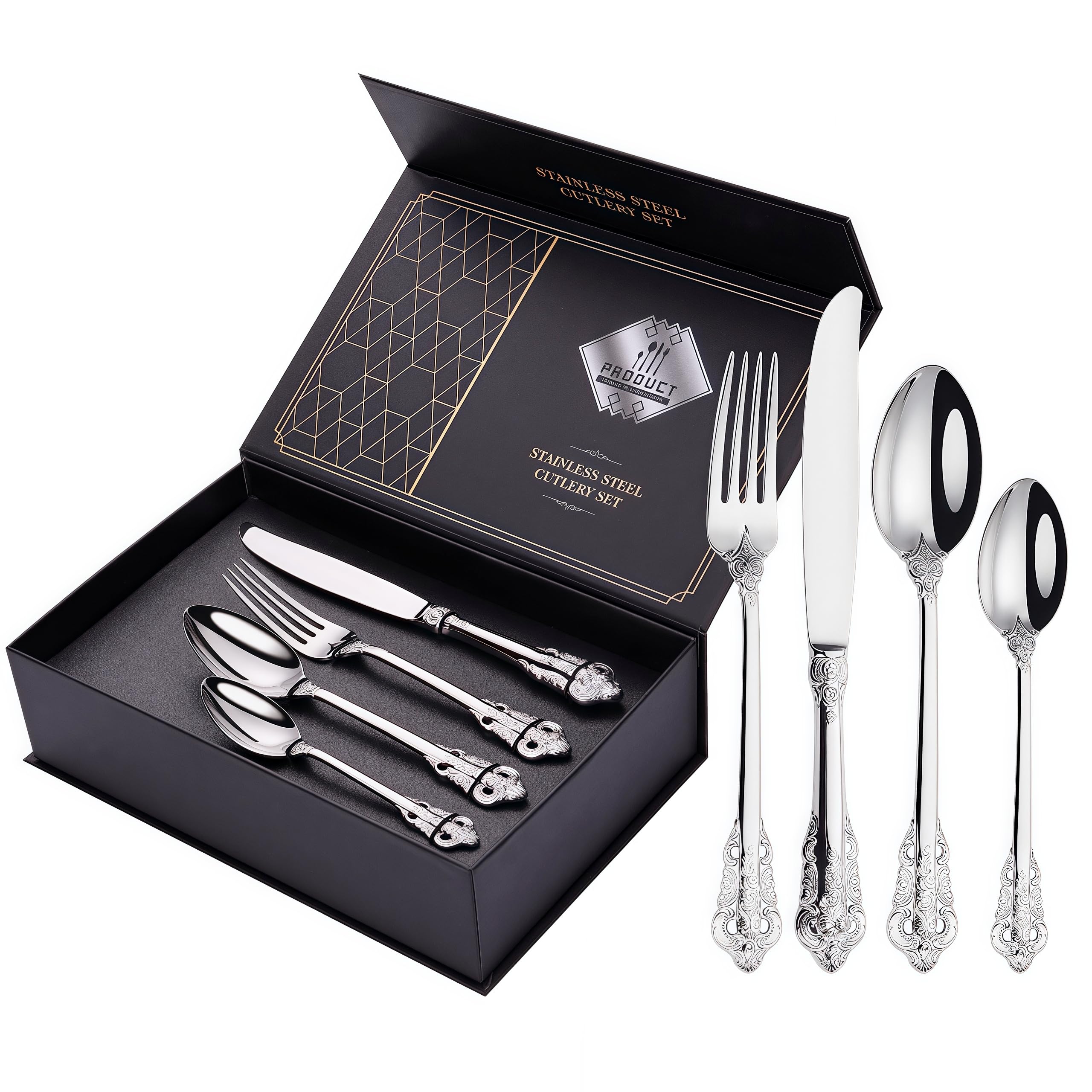 Juego de cubiertos martillados de 24 piezas, acero inoxidable, cuchillo, tenedor, cuchara, juego de cubiertos para 6 personas, modernos cubiertos de plata para casa/restaurante/fiesta