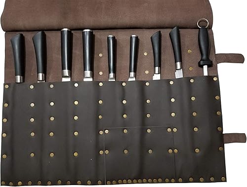 PROFESSIONAL CHEF - Bolsa de cuchillo de chef de piel auténtica auténtica de alta calidad, 12 bolsillos, color marrón oscuro, 12 bolsillos, espacio