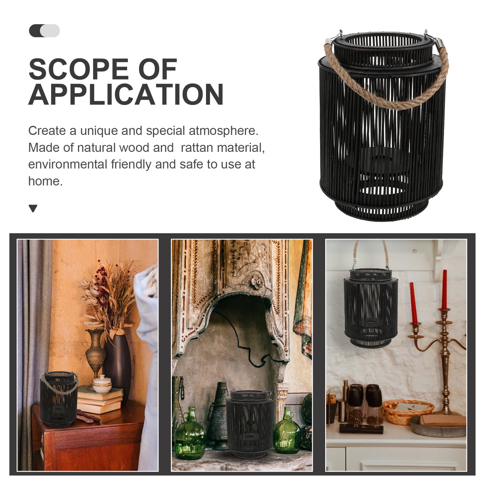 Farol Decorativo Negro de Ratán y Madera para Mesa o Estante