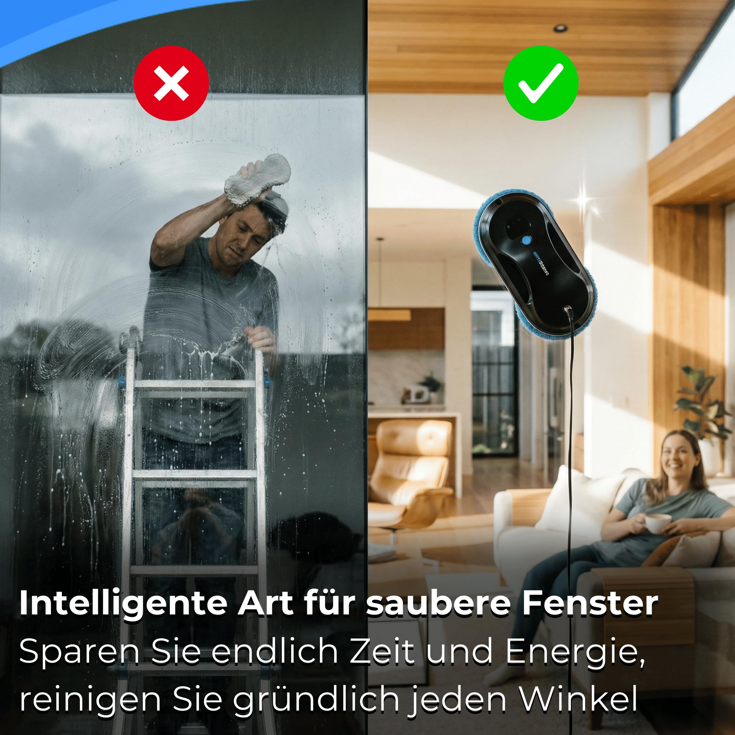 Fensterputzroboter mit Ultraschall-Sprühfunktion, 6600Pa, USV-Sturzsicherung, Kantenerkennung, Hochhausfenster, WiFi Smarte App, Fensterroboter, Fenstersauger, Fensterreiniger, Glasreiniger, 10 Pads