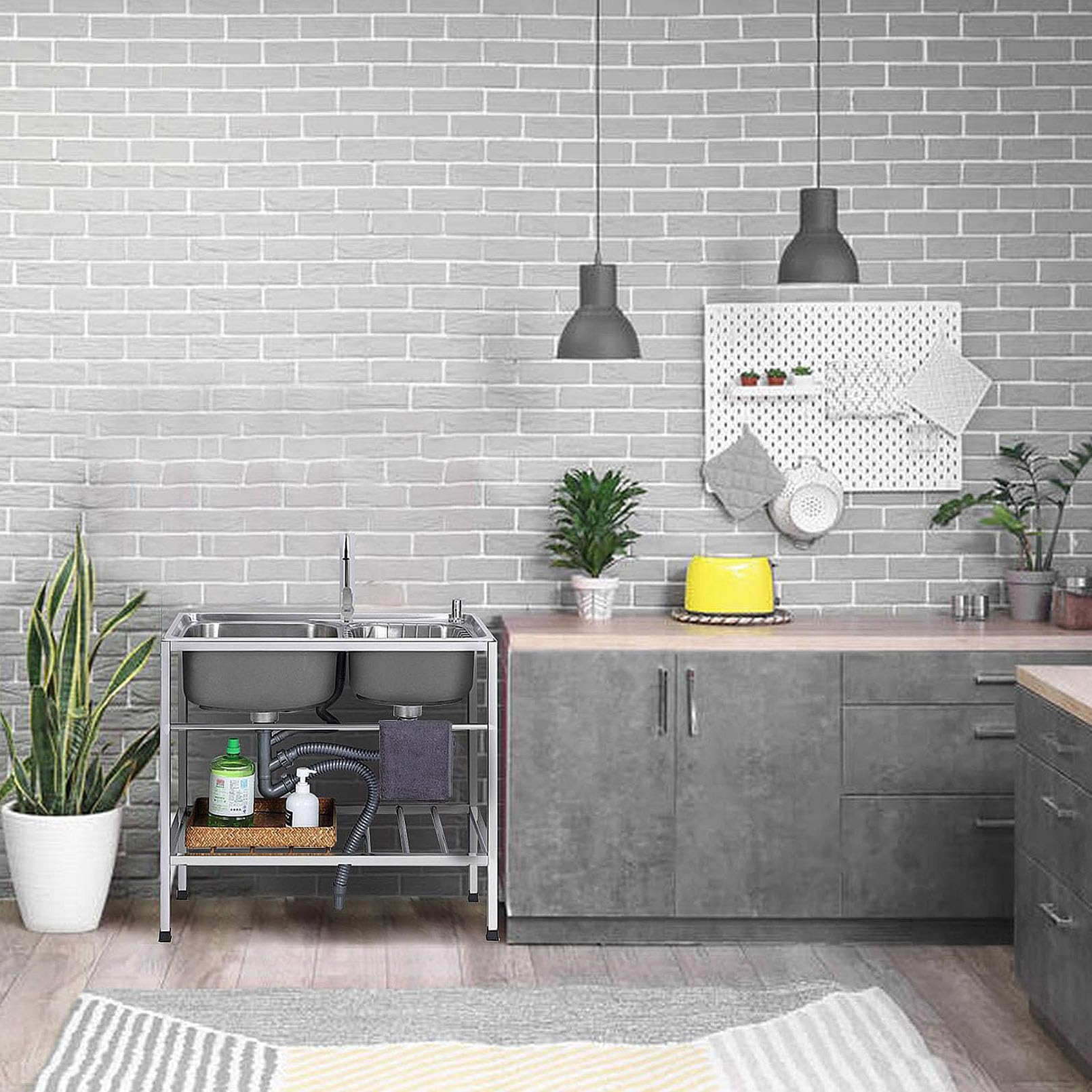 Gewerbeküchenspüle, freistehende Doppelspüle aus Edelstahl mit Warm- und Kaltwasserhahn, großes Modell für Restaurants, Wäschereien und Hinterhöfe (Silber, Größe: 80x43x75cm)