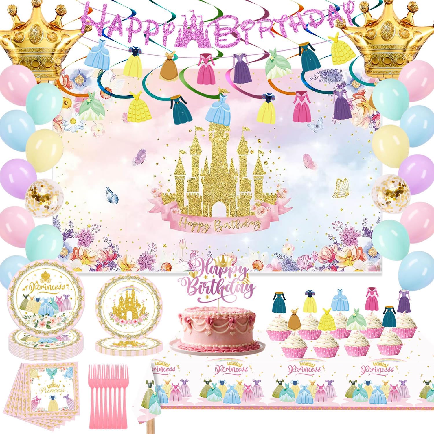 142pcs Princess Birthday Party Decorations Includes Plates, Napkins, Cake Toppers, Banner, Hanging Swirls, Tablecloths, Balloons, Backdrop for Princess Party Decorations (Princess Large Set)