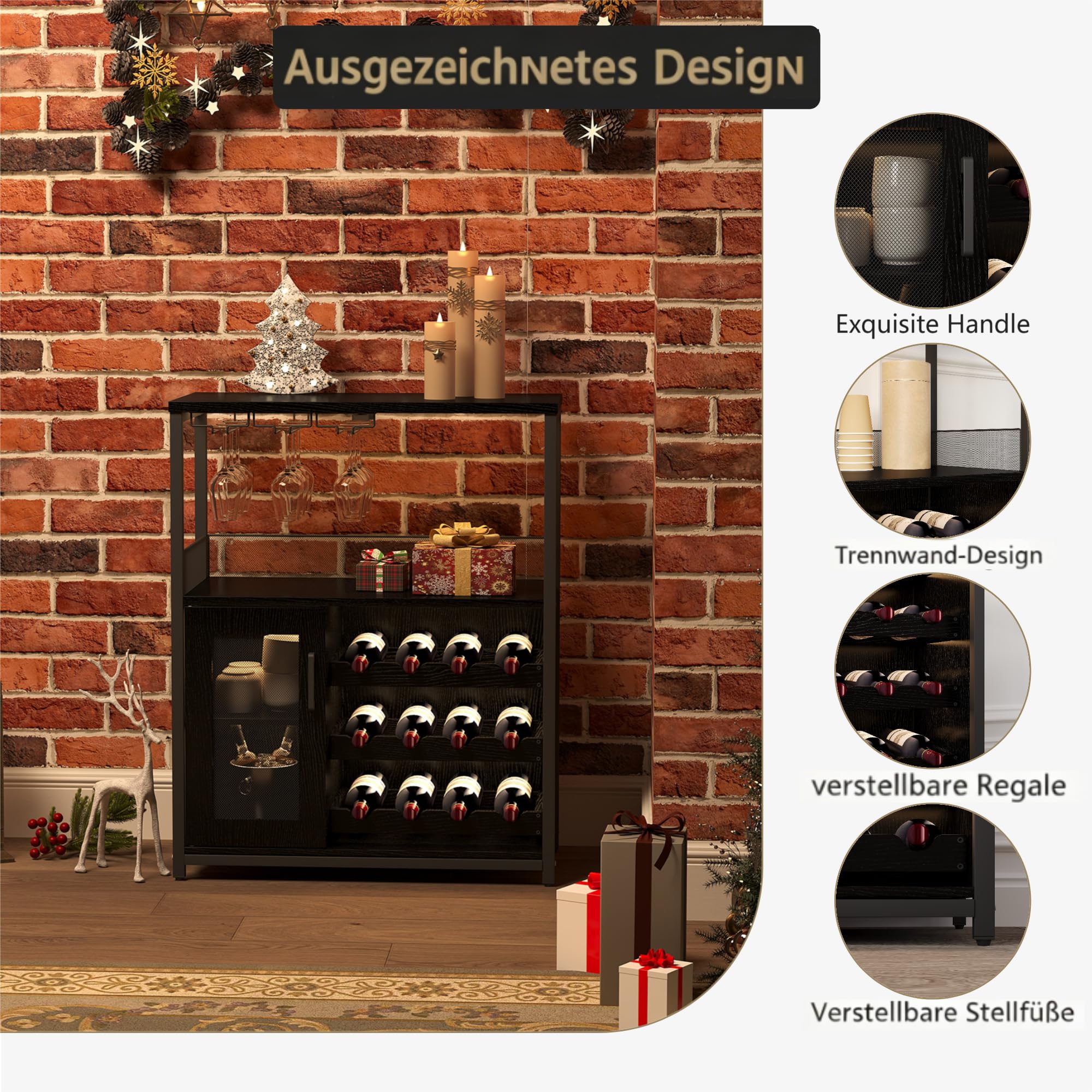 Weinregal, mit verstellbarem Weinregal und Glashalter, Industrial Design mit LED Licht, Getränkeaufbewahrung als Weinbarschrank für Küche, Esszimmer, Wohnzimmer, 70x35x92 cm, Holzmaserung Schwarz
