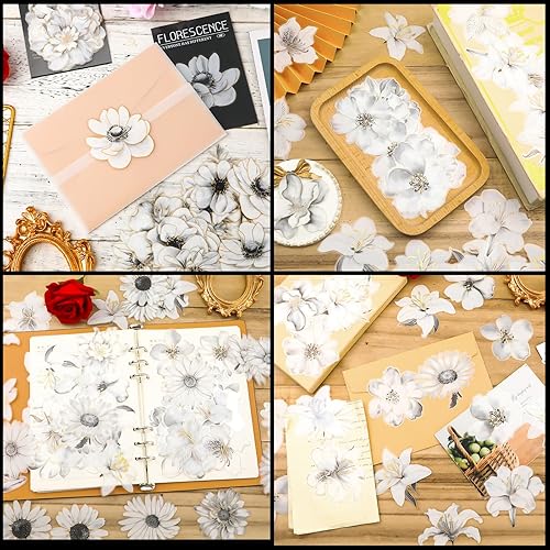 Miniatura 6 de 120 calcomanías de flores con contornos holográficos dorados, PET blanco y negro, calcomanías de flores impermeables decorativas para botellas de