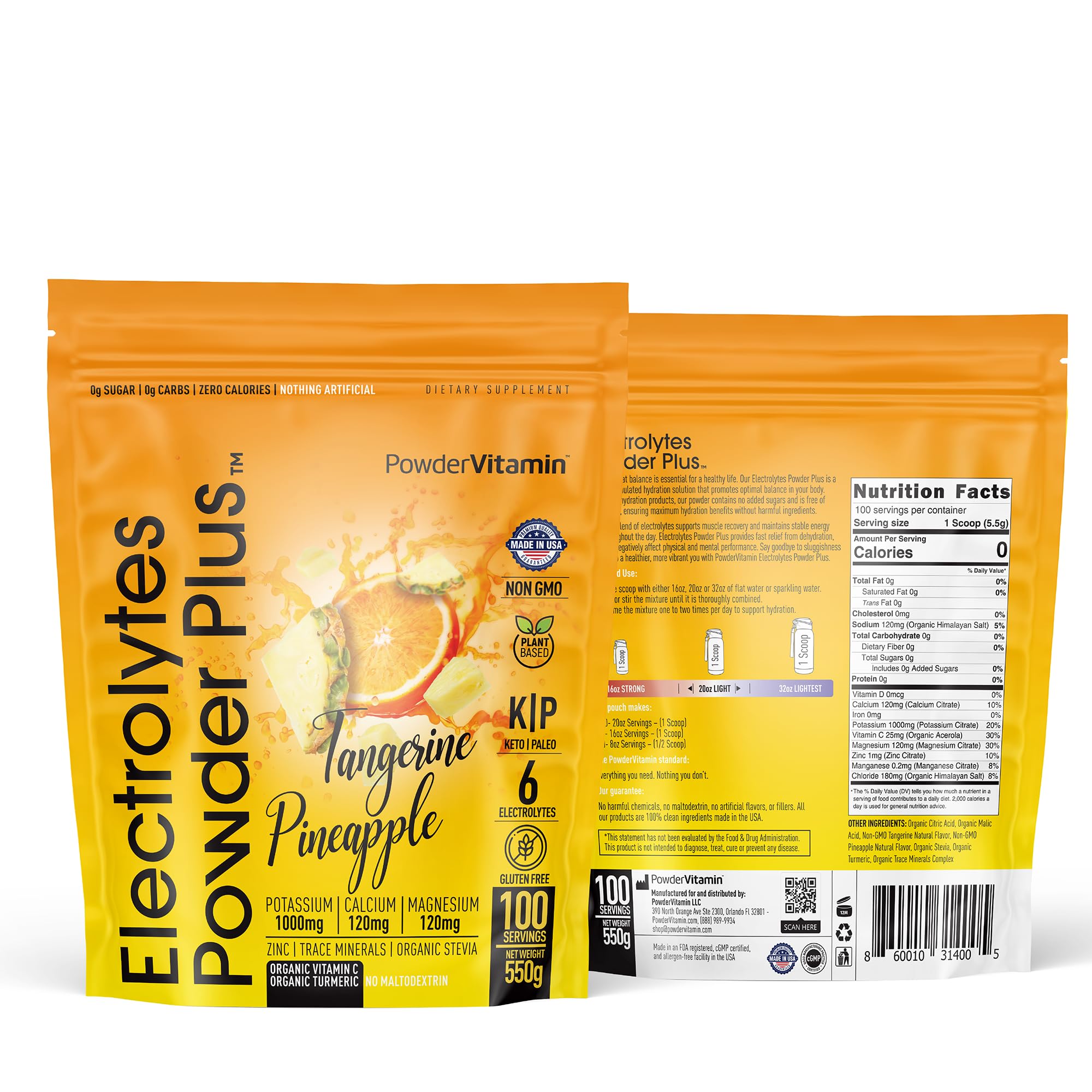 Electrolytes Powder Plus (100 Servings) Tangerine Pineapple Electrolyte Powder Zero Calorie Keto,0Sugar, No Maltodextrin,1000mg Potassium,120mg Calcium,120mg Magnesium, Hydration Powder