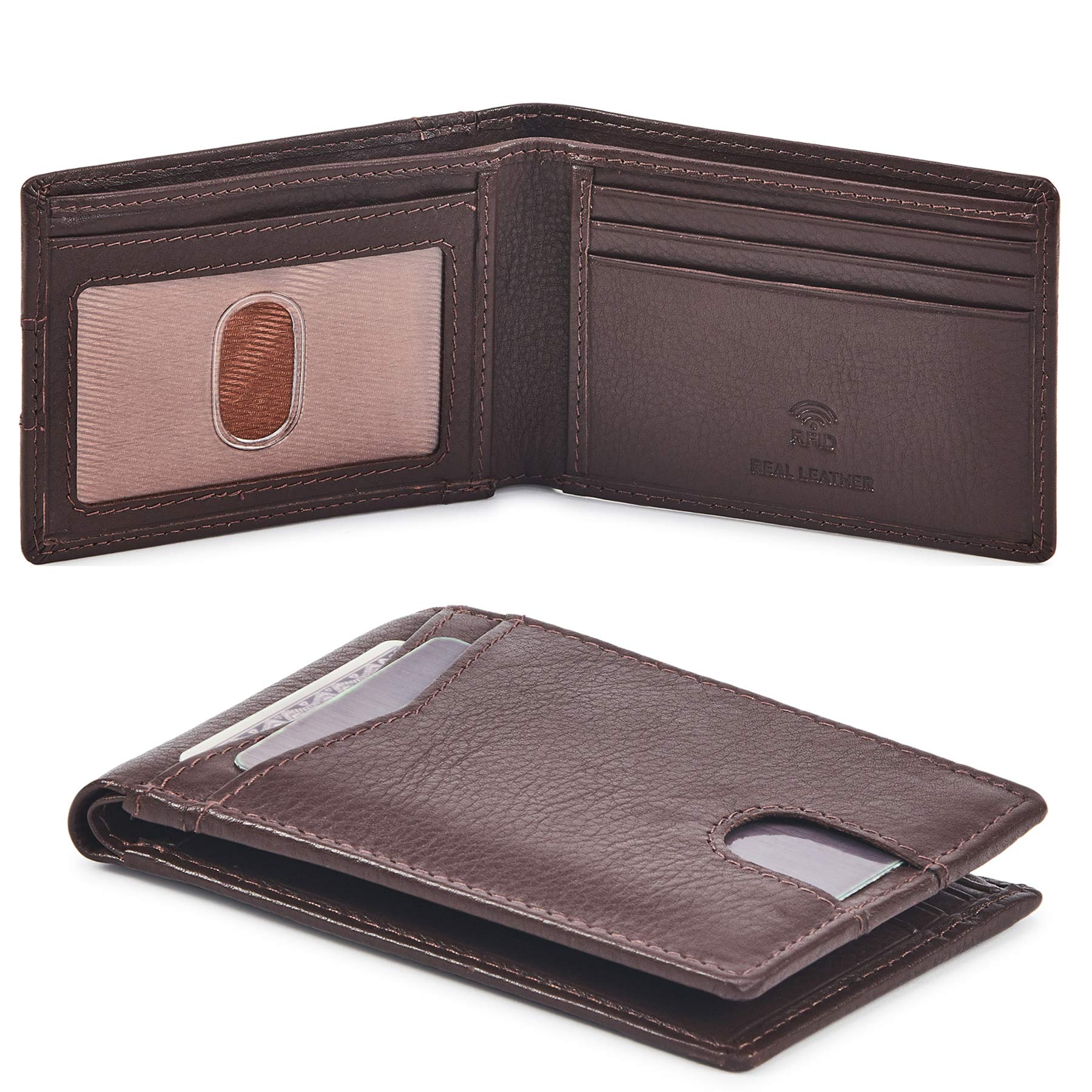 Wallet for Men Bifold Real Leather Slim RFID Blocking Front Pocket Minimalist Stylish Design with ID Window in Gift Box (Nappa, Chocolate)