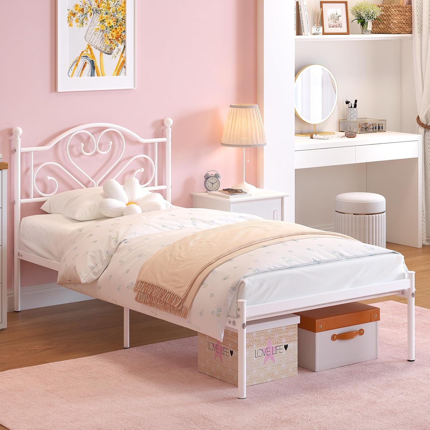 Weehom Twin Bed Frames with Headboard, Heavy Duty Metal Platform Under Bed Storage Space Easy Assembly for Kids Girls Adults White - Image 3