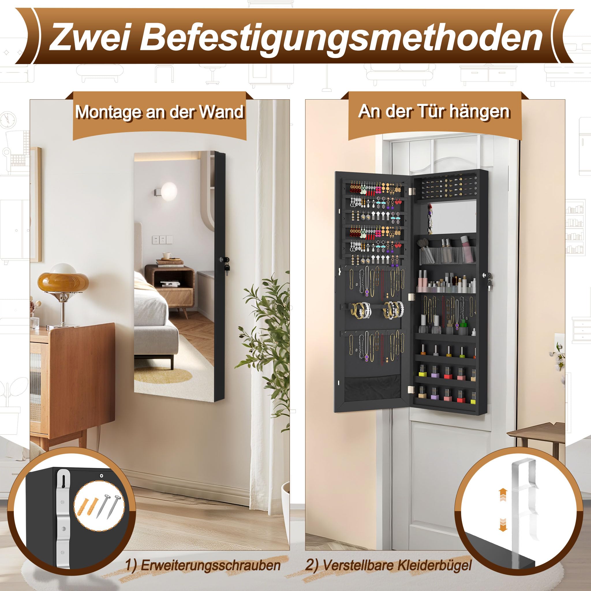 LZQ Schmuckschrank mit Spiegel Hängend Spiegelschrank Abschließbar Wandschmuckschrank 2-in-1 Schmuckaufbewahrung Türspiegel Wandspiegel Schmuck-Organizer, 107,5 x 36,5 x 9,5 cm, Schwarz