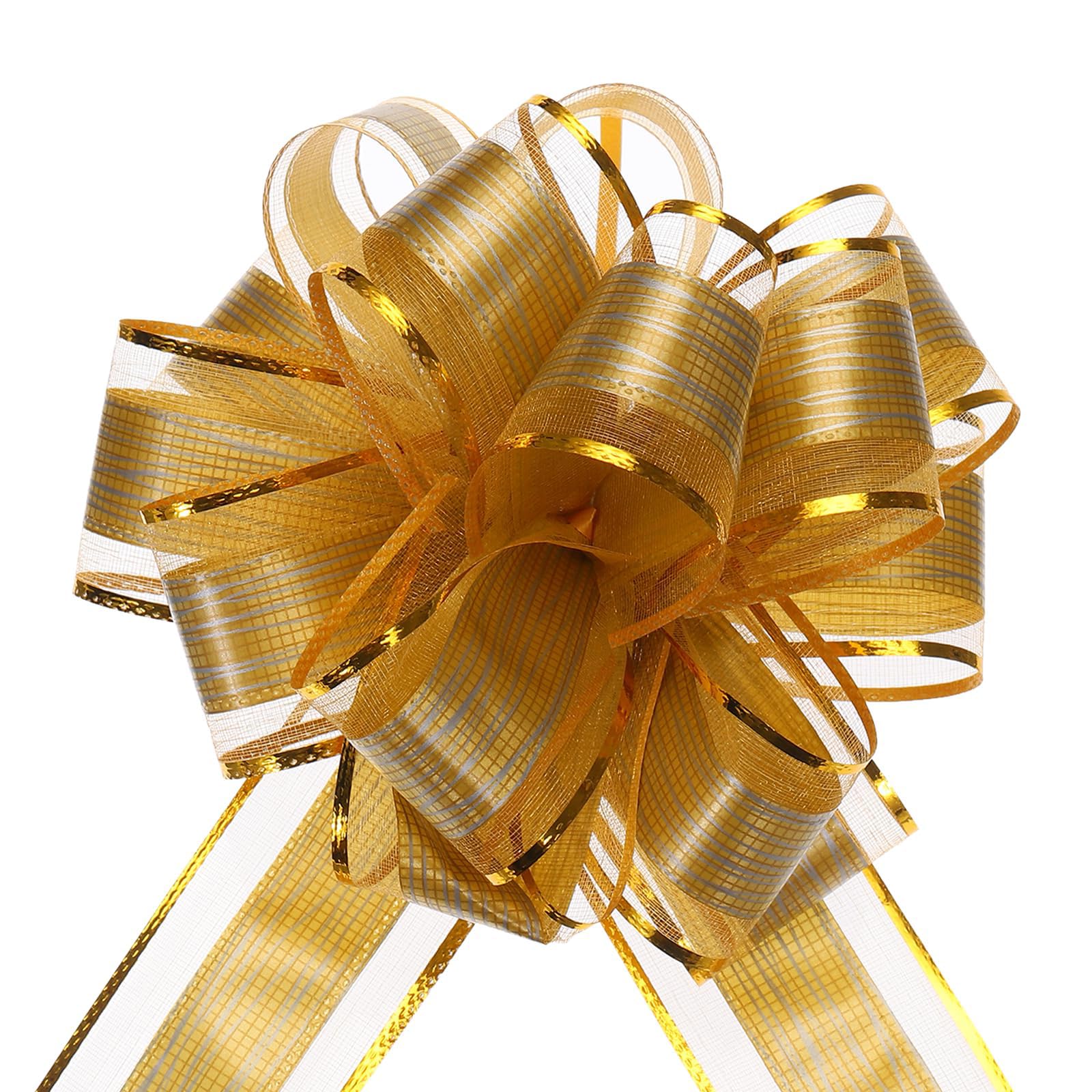 TOP-VIGOR 5pcs 7 Inch Large Pull Bow, Gift Wrapping Bows Ribbon Organza Bows for Wedding Baskets Presents Christmas Valentine's Day Birthday Gift Decorations, Gold