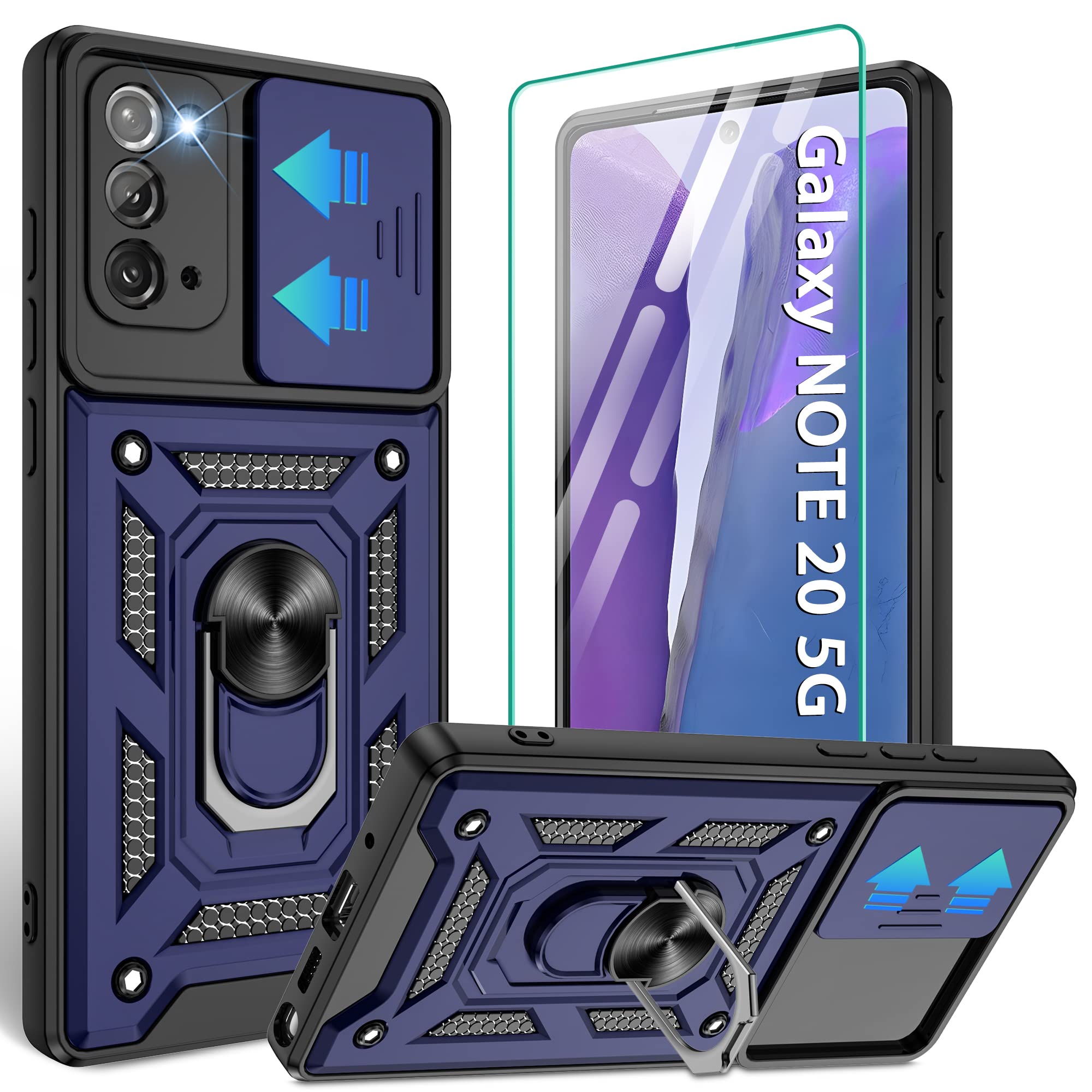 for Samsung Galaxy Note20 Case with Slide Camera Cover, Military-Grade Protection, 360 Rotating Kickstand, Includes 1 Pack HD Screen Protectors丨Blue